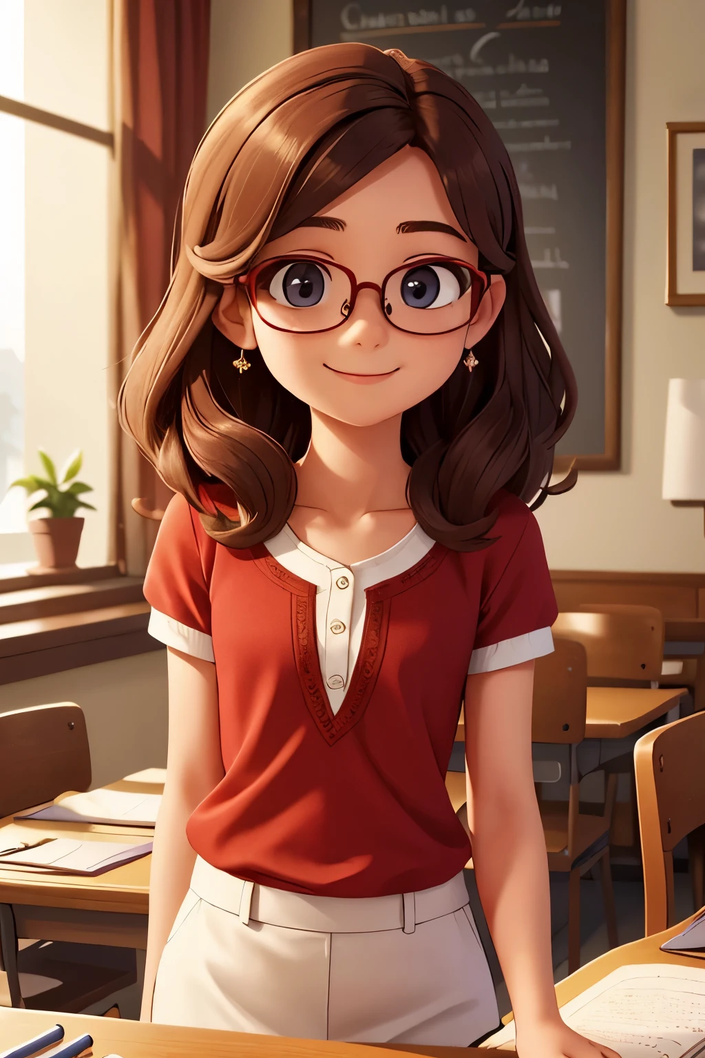 (A small chest:1.3),(Masterpiece, Best quality:1.4), (Beautiful, Aesthetic, Perfect, Delicate, Intricate:1.2),((Best quality)), ((Masterpiece)), (Detailed),(A high resolution:1.2), Classroom, An adult female, Smiling Claudia Chever, Red shirt, White skirt, Glasses, Bend over, angle of view,sexy pussy fleshy panties, ass 