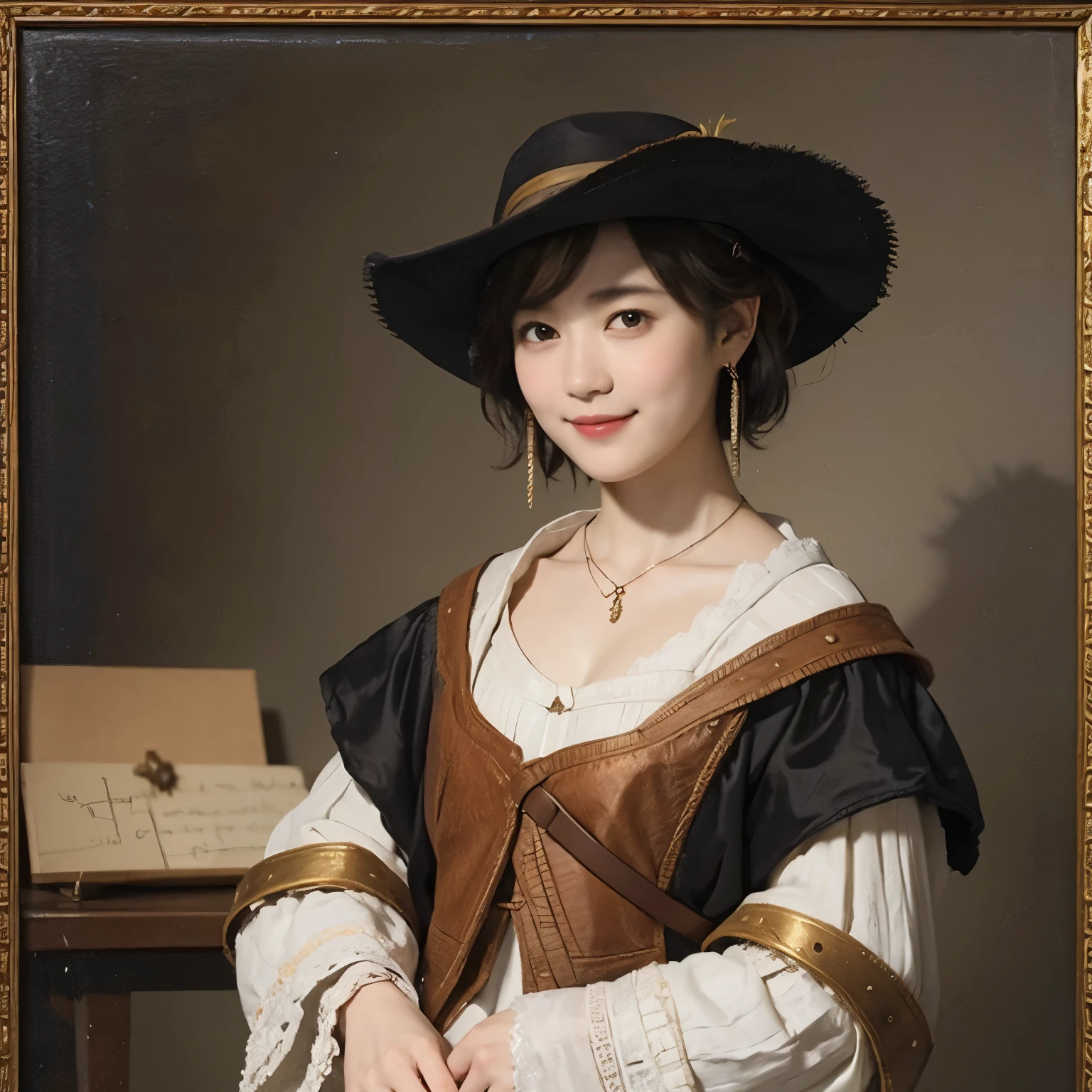 181 short hair, 20 year old female, gentle smile, (rembrandt style painting), (chest:1.2), long sleeve clothes
