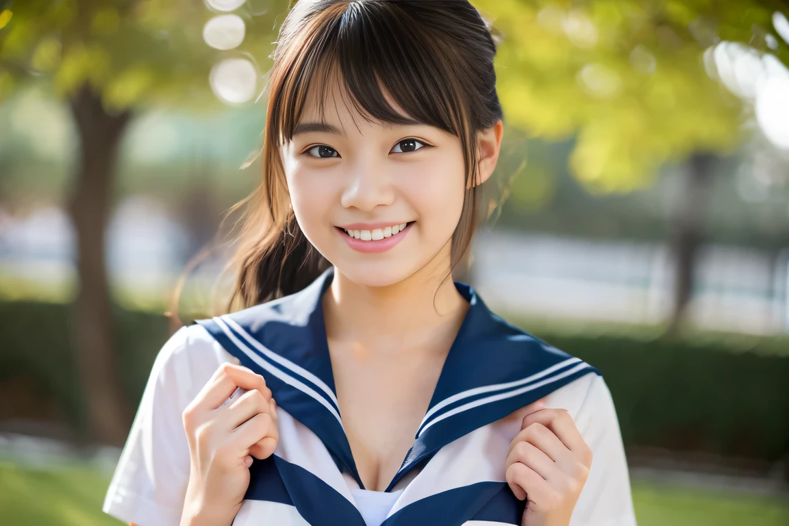 cleavage,　the chest of the shirt is wide open, embarrassed , 1girl, cute, 18 years old, smiling, look at viewer, sailor uniform, seifuku, photo, realistic, best quality, hires, detailed face, classroom, detailed background, diffused lighting, depth of field, bokeh, , portrait, , ( masterpiece), accurate, anatomically correct, f/1.8, 90mm, Fujifilm GFX 50R, raw photo, regina display, super detail, high details, high quality, best quality, highres, UHD, 1080p HD, 4K, 8K, beauty, Slender , standing,