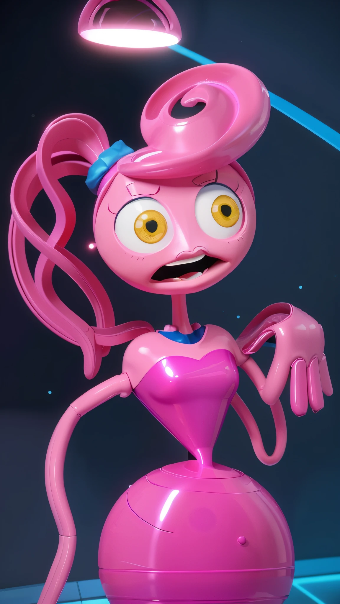 Close-up of a cartoon character wearing a pink dress and light, Pink cult character, humanoid pink female squid girl, animated character, Beautiful pink little alien, this character has cryokinesis, shining pink face, character close up, humanoid character, Stylized 3D, chewing body, stylized character, 3D character, 3-й персонаж A blue character with a hat, a sad face, and a yellow bow tie is standing in front of a purple door. It has two golden loops around its body. there is a blue-orange daddy long legs in a hat and a yellow rope, iconic character with high detail, 2 d illustration, 2D illustration, stylized digital illustration, art of mobile games, in the elevator, Digital illustration -, Game illustration, mobile game background, 2d digital illustration, evil. bright colors. Cute, blue daddy long legs toy, glossy texture, smooth 3d model,