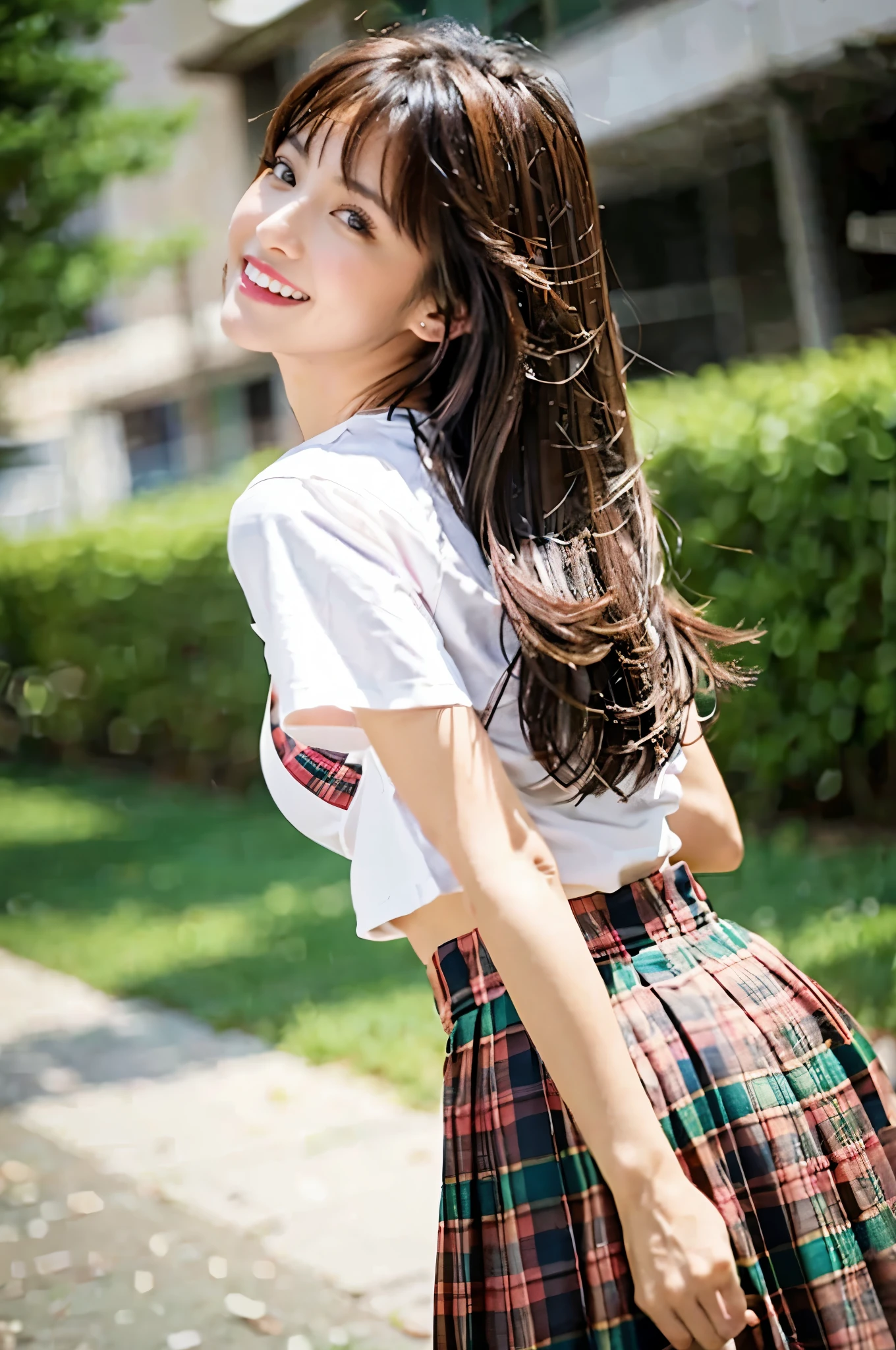 NSFW, 8k RAW写真, highest quality, masterpiece, 超A high resolution, film grain, movie, 1 girl, looking at the viewer, natural skin texture, Realistic eye and face details, lip whole, lipstick, (compensate), Shiny Nagai 🪮、Big eyes、dual、hair is dirty, laughter, close your mouth, beautiful foot, tall woman, skin, slim_foot, solo, Tshirtから見えるcleavage, Pose with your buttockss facing you, short skirt, buttocks, shirt, schoolyard、 (detailed background), plaid skirt, 白のshirt, huge breasts, cleavage, shirtから少しcleavageを見せる, low person, blurry背景, blurry, fail, plaid, short sleeve, JK wearing a ribbon around his neck, jk ribbon, brown haired, bracelet, water, bangs, uniform, gem, split lips, lips, From the side,red pleated skirt, Depth of the bounds written