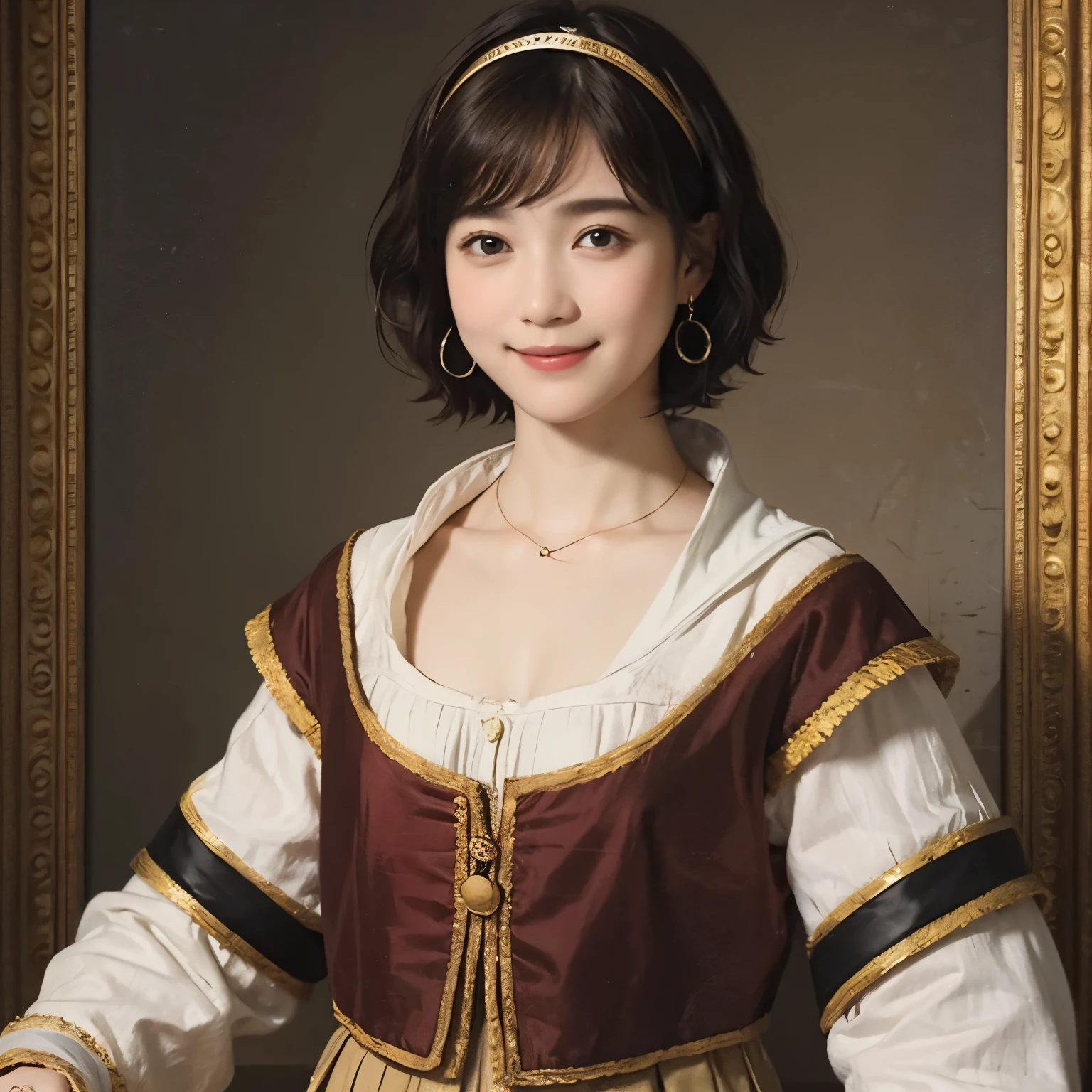 181 short hair, 20 year old female, gentle smile, (rembrandt style painting), (chest:1.2), long sleeve clothes
