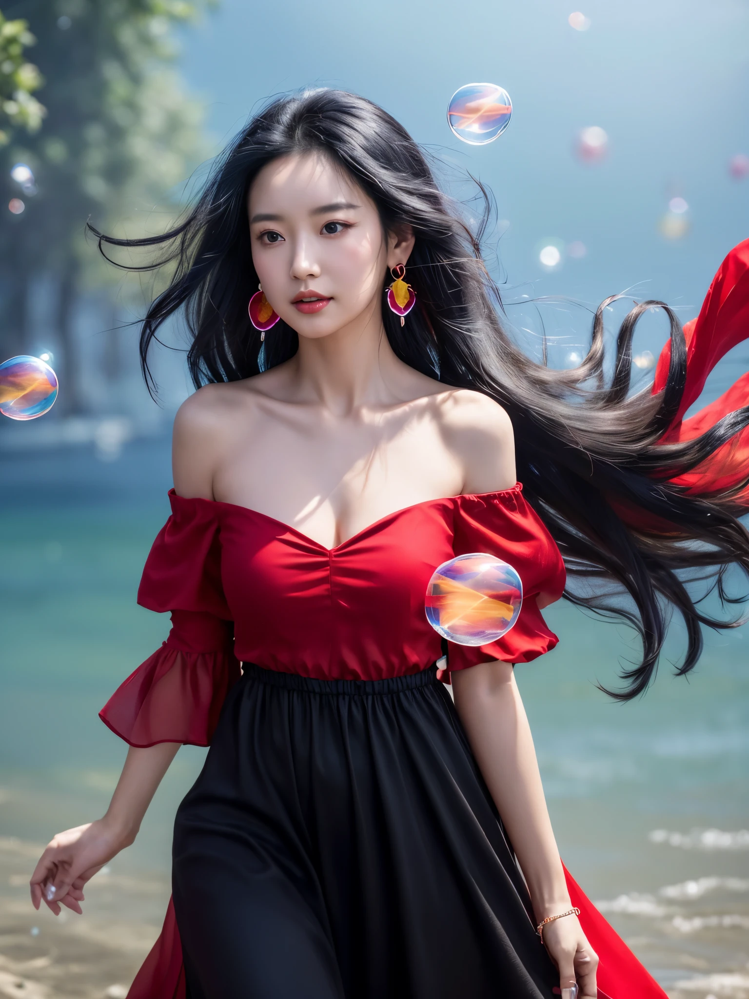 r1ge,1girl,black hair,long hair,off-shoulder dress,(red dress:0.9),cleavage,jewelry,earrings,bare shoulders,(off shoulder:1.1),rose,colorful flower,collarbone,glowing,flying debris,magic,aura,energy,((colorful bubble)),(floating),detailed light