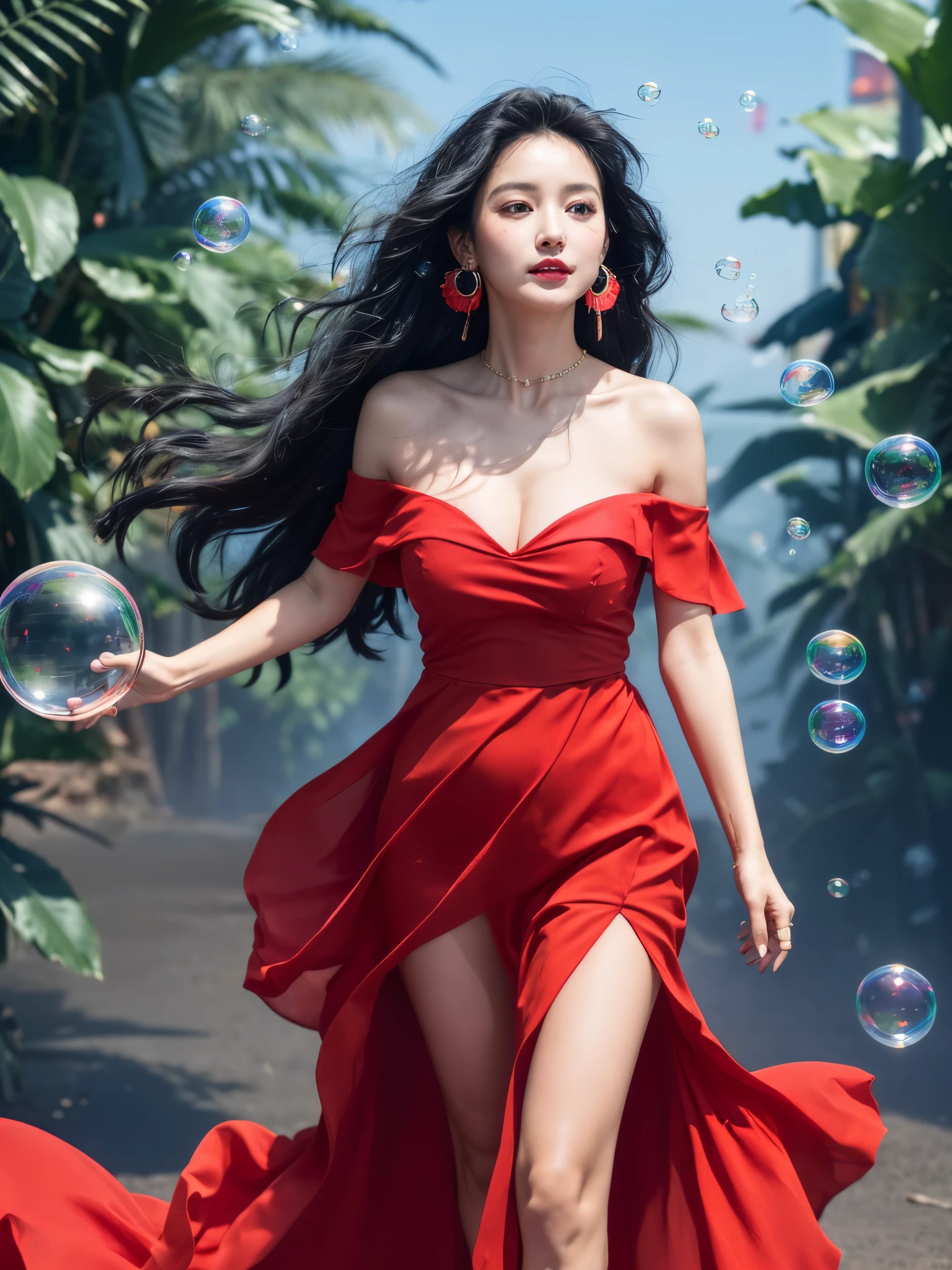 r1ge,1girl,black hair,long hair,off-shoulder dress,(red dress:0.9),cleavage,jewelry,earrings,bare shoulders,(off shoulder:1.1),rose,colorful flower,collarbone,glowing,flying debris,magic,aura,energy,((colorful bubble)),(floating),detailed light