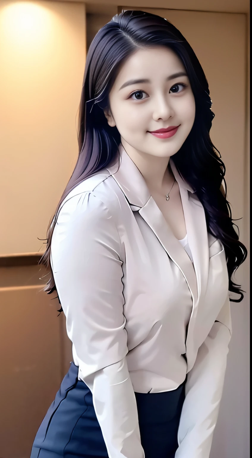 (top quality、8k、masterpiece:1.3))、30-year-old Korean woman,sharp focus, High level of image quality, high resolution,facial focus,Portrait ID photo,Upper body photo。Draw lips correctly, red lipstick,wear white shirt,red bow tie,gray suit。wavy long hair,hair tied up,ponytail,Mature,charming smile,Pink warm color background,solid color background