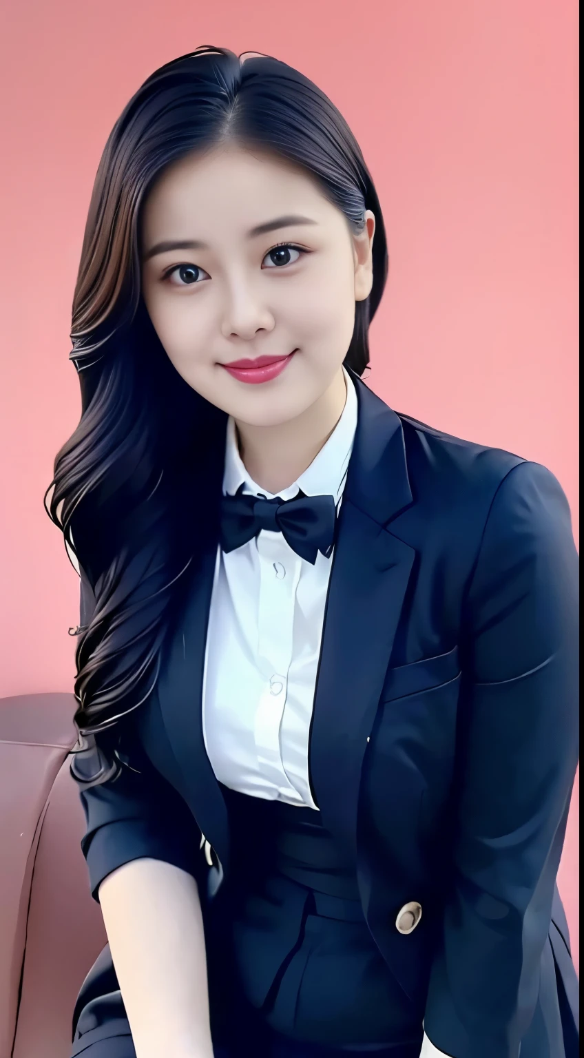 (top quality、8k、masterpiece:1.3))、30-year-old Korean woman，sharp focus, High level of image quality, high resolution，facial focus，Portrait ID photo，Upper body photo。Draw lips correctly, red lipstick，wear white shirt，red bow tie，gray suit。wavy long hair，hair tied up，ponytail，Mature，charming smile，Pink warm color background，solid color background