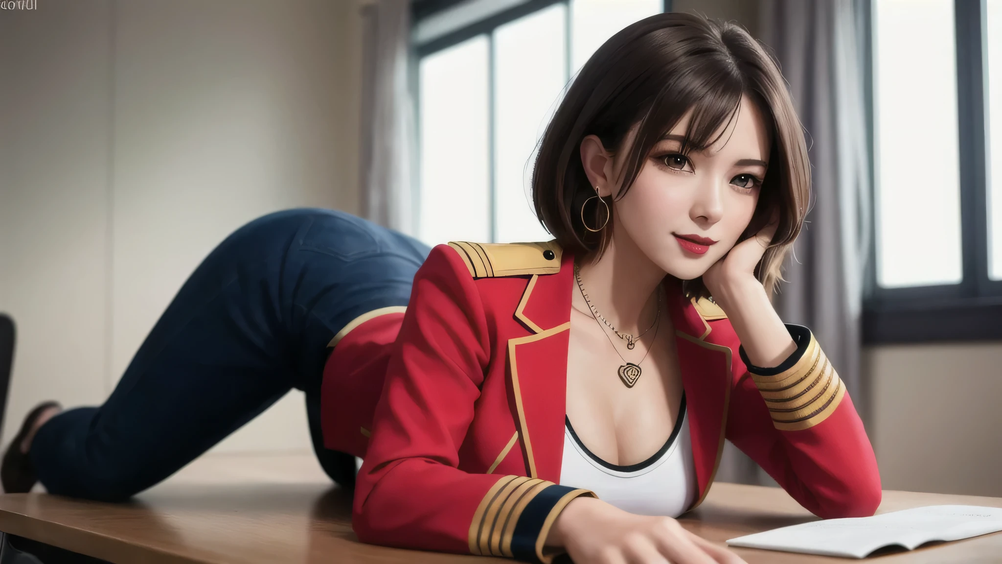 lying on the desk, Excited, necklace, earrings, full body, short brown hair, red military uniform, that&#39;wonderful, ultra high resolution, Raw photo, realism: 1.25), (bright lip gloss, long eyelashes, smooth face, bright skin, natural shadow, wide light, wide light, written boundary depth, strong color, subtle caustics: 0.8), (big breasts), v6,perfect body,(lie:1.3)