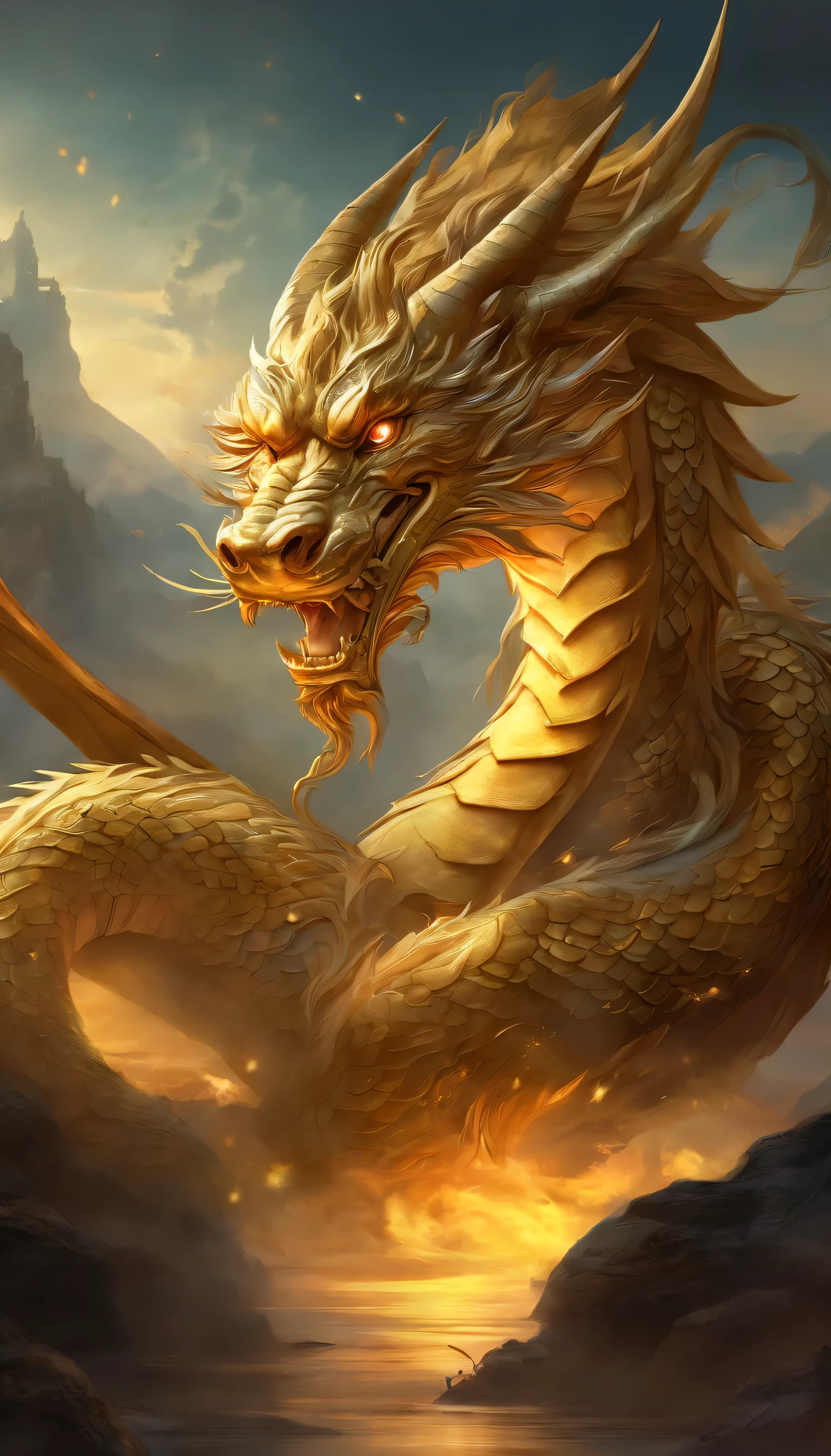 (best quality, high resolution:1.2), (Realistic,fotorrealista:1.37), fundo preto, A Chinese dragon with seven heads emerges from the darkness, Torneira frontal,Olhos vermelhos fracos, detalhes intrincados, ((front view:1.4)),((Golden:1.4))