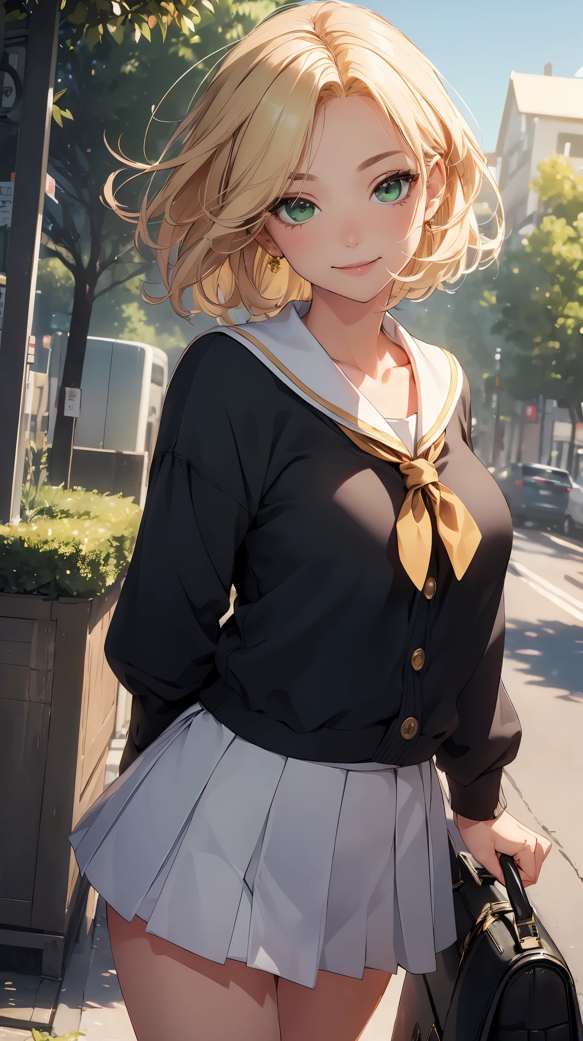 A emaciated dark skin heavily breasted girl dressed in school uniform, {{{masterpiece}}}, {{{best quality}}}, {{ultra-detailed}}, {{extremely detailed}}, {{perfect composition}}, {{8k}}, {{an extremely delicate and beautiful}}, {{super detailed skin}}, {{perfect anatomy}}, {{Beautiful Detailed Eyes}}, {{anime screencap}}, highly detailed face, shiny detailed hair, shiny skin, shiny body, gleaming skin, 1girl, skinny, emaciated, slender, athlete, emaciate body, narrow waist, emaciate thighs, {{very short hair}}, {{dark yellow hair}}, {{{messy hair}}}, {{{flipped hair}}}, {{{parted bangs}}}, huge breasts, {{{blue eyes}}}, {{bushy eyebrows}}, {{tsurime}}, {{long eyelashes}}, {{dark skin}}, {{dark-skinned female}}, navel, midriff, {{{abs}}}, underwear, panties, solo, school uniform, skirt, ribbon, white panties, bag, outdoors, serafuku, pleated skirt, yellow ribbon, navel, smile, school bag, pantyshot, sailor collar, virgin girl