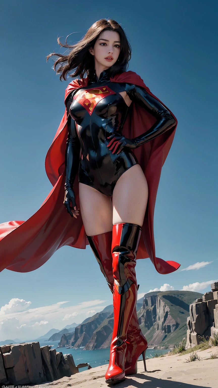 Anne Hathaway wearing detailed and glossy SuperMan costume with full sleeves covering the entire body, short black hair, serious face, (flying in sky), vivid colors, dramatic lighting, red cape, cinematic costume, carbon fiber detailed suit,red boots,red over-the-knee boots,long legs，slender legs，full budy picture