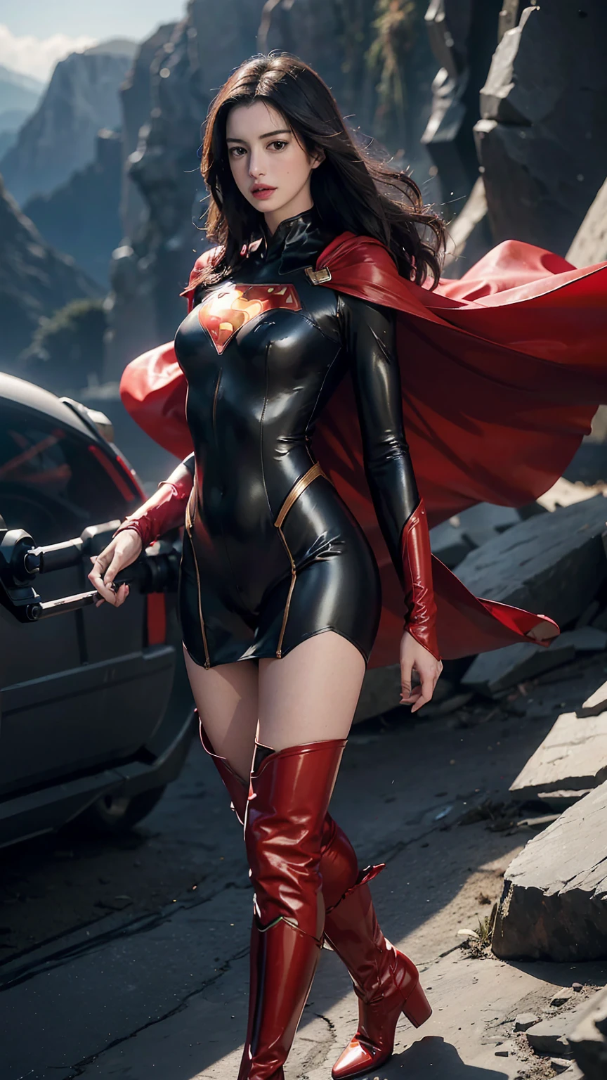 Anne Hathaway wearing detailed and glossy SuperMan costume with full sleeves covering the entire body, short black hair, serious face, (flying in sky), vivid colors, dramatic lighting, red cape, cinematic costume, carbon fiber detailed suit,red boots,red over-the-knee boots,long legs,slender legs,full budy picture