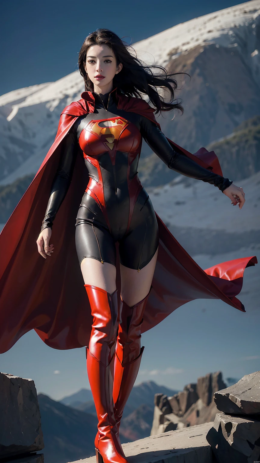 Anne Hathaway wearing detailed and glossy SuperMan costume with full sleeves covering the entire body, short black hair, serious face, (flying in sky), vivid colors, dramatic lighting, red cape, cinematic costume, carbon fiber detailed suit,red boots,red over-the-knee boots,long legs，slender legs，full budy picture