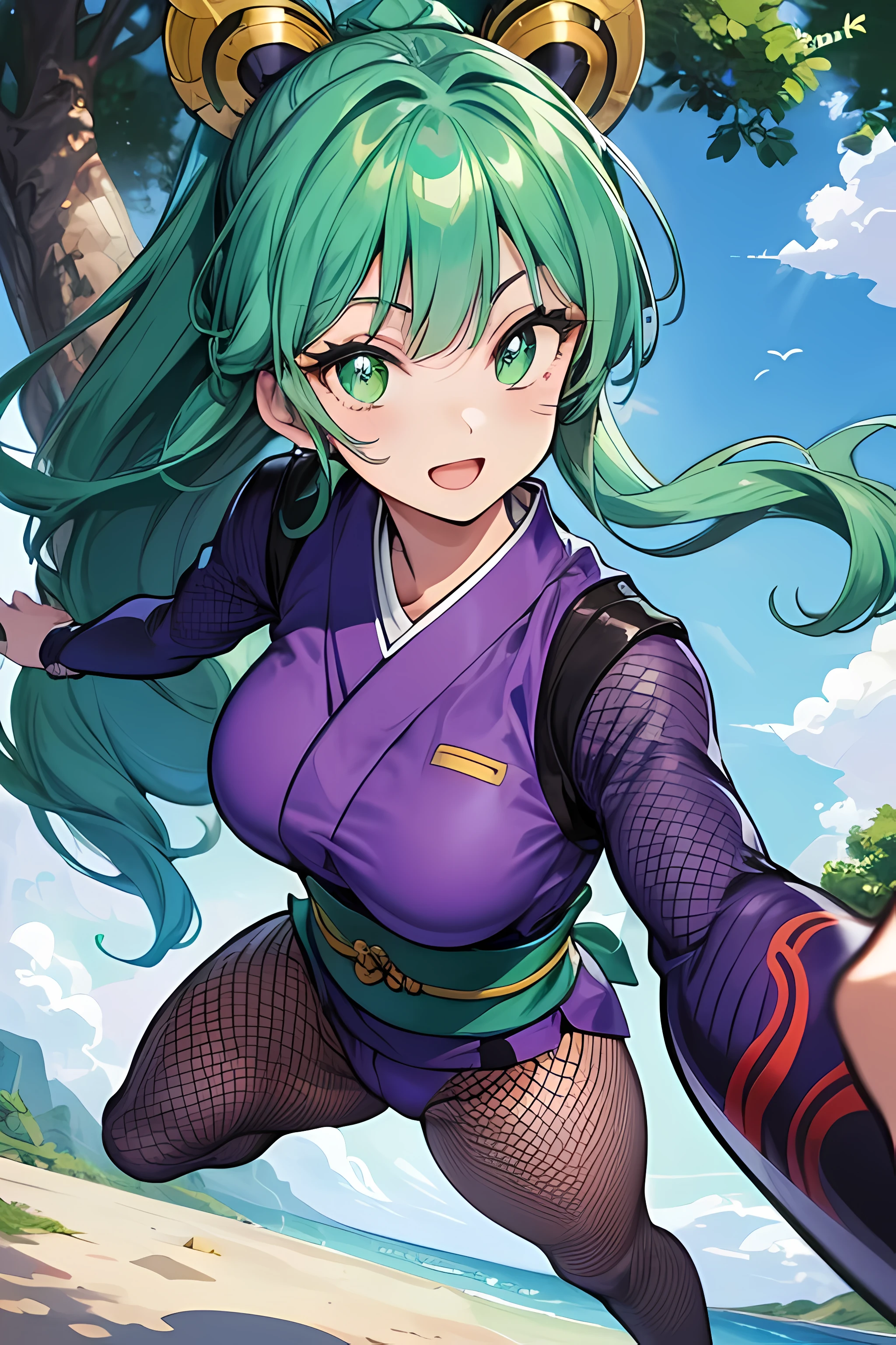 (((ultra high resolution, 8K wallpaper, masterpiece, extremely detailed illustration, thin outline, clear focus))), anime moe artstyle, 1 girl, solo, looking at viewers, ninja, yae-bonbon, green hair, long hair, gradient hair color, green eyes, bright fine pupils, beautiful eyes with highlight, super detailed eyes, high detailed face, (ninja costume, fishnets, purple japanese clothes, fishnet bodysuit, tabi, sash), smile, open mouth, (dynamic posing), scenery of japan, beach, pine trees, cloud, strong sunlight, cinematic lighting, (correct anatomy:1.3),