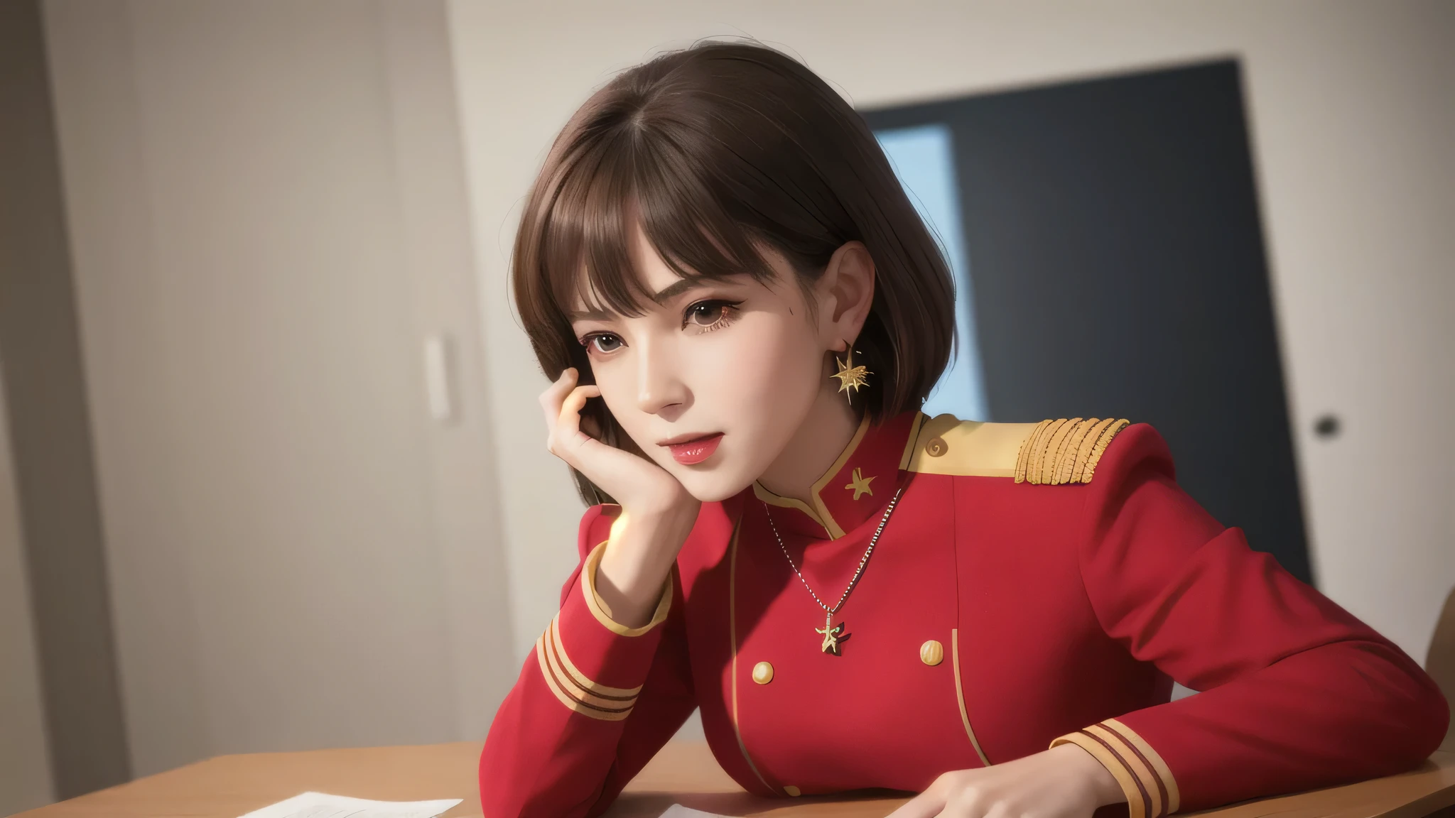 lying on the desk, Excited, necklace, earrings, full body, short brown hair, red military uniform, that&#39;wonderful, ultra high resolution, Raw photo, realism: 1.25), (bright lip gloss, long eyelashes, smooth face, bright skin, natural shadow, wide light, wide light, written boundary depth, strong color, subtle caustics: 0.8), (big breasts), v6,perfect body,(lie:1.3)