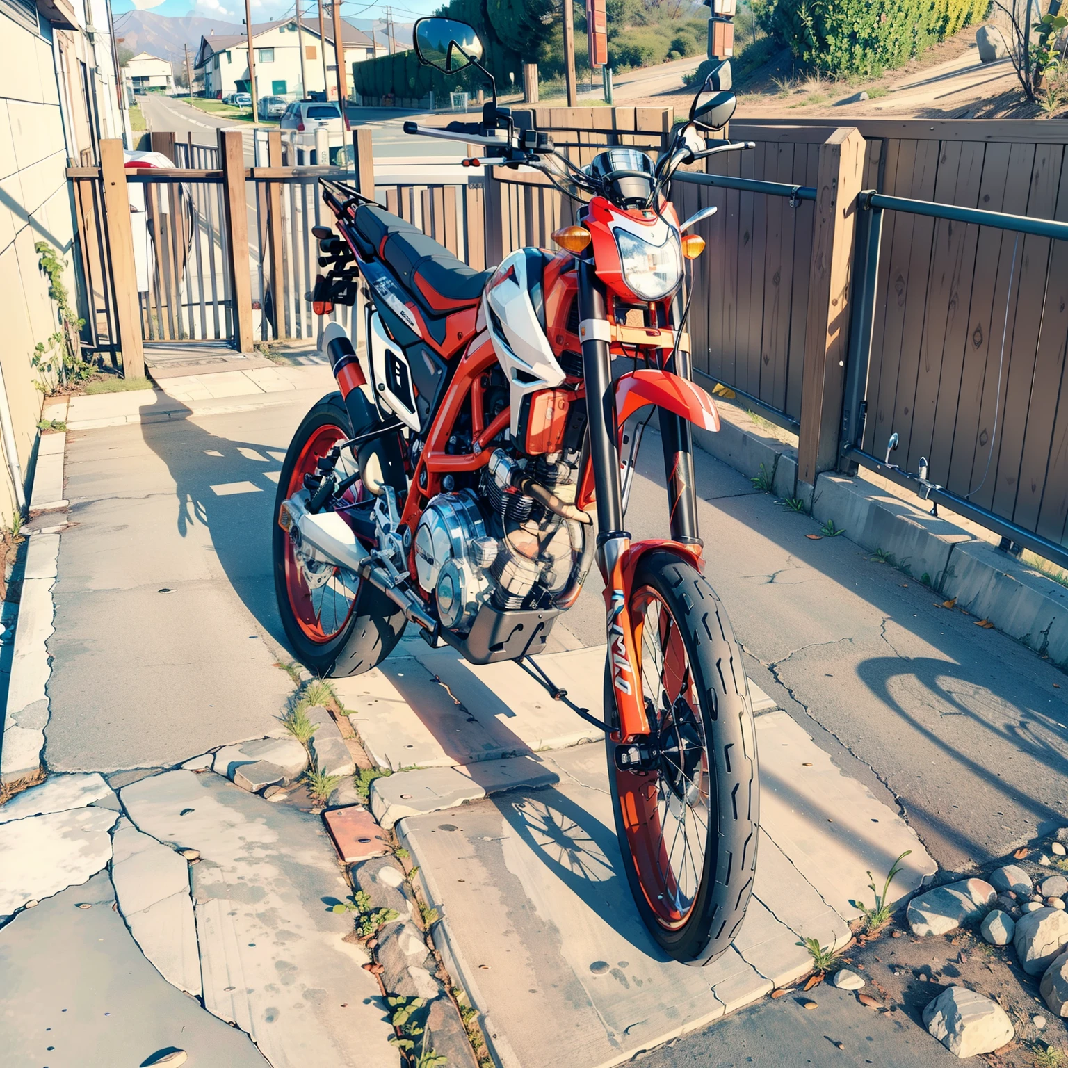 there is a motorcycle parked on the side of the road, 8k!!, h 8 0 0 c 1 0. 0, samurai jetstream sam, 8 k 1 5 0 mpx, Samurai vinyl wrap, listras de corrida laranja, 8k!, !!lindo!!, 4k-4, 🚿🗝📝, Filme 368k