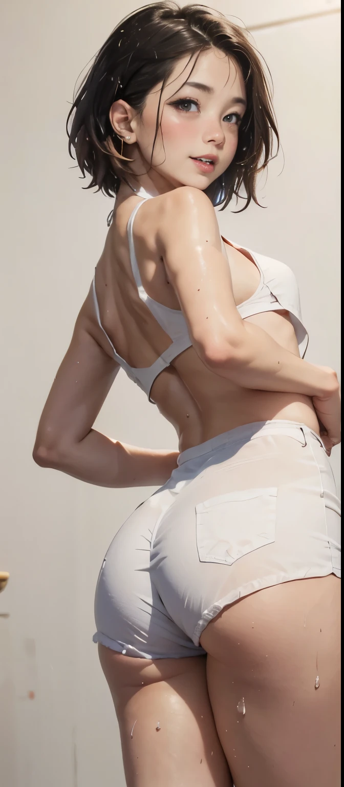 Exquisite details,cute girl . Very kawaii , round face . round eye,alone , Slim , medium breasts , short and small . shiny skin . Pure white T-shirt . tight shorts . dynamic angle . No background , White background , looking at the audience, darker shade, (((Ridiculous))), (((look back))), (((shapely ass))), (((Thigh clearance))),melt,liquid,grinning, blush,juicy,Hyperactive expression,short hair,exaggerated expression,Sweat profusely,,Liquid splash,