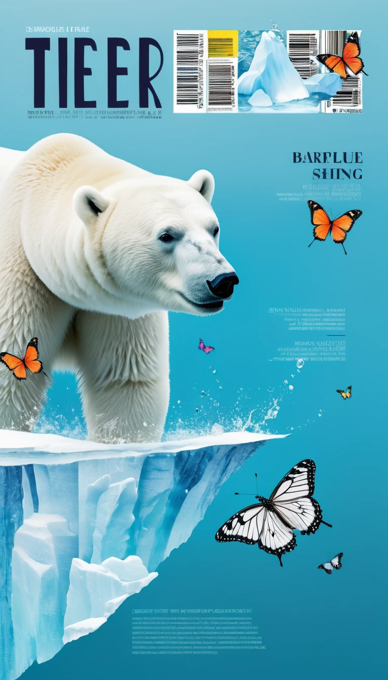 Fashion magazine cover design,Iceberg and polar bear,a colorful butterfly,text,barcode,Stylish and simple,The theme highlights caring for the environment