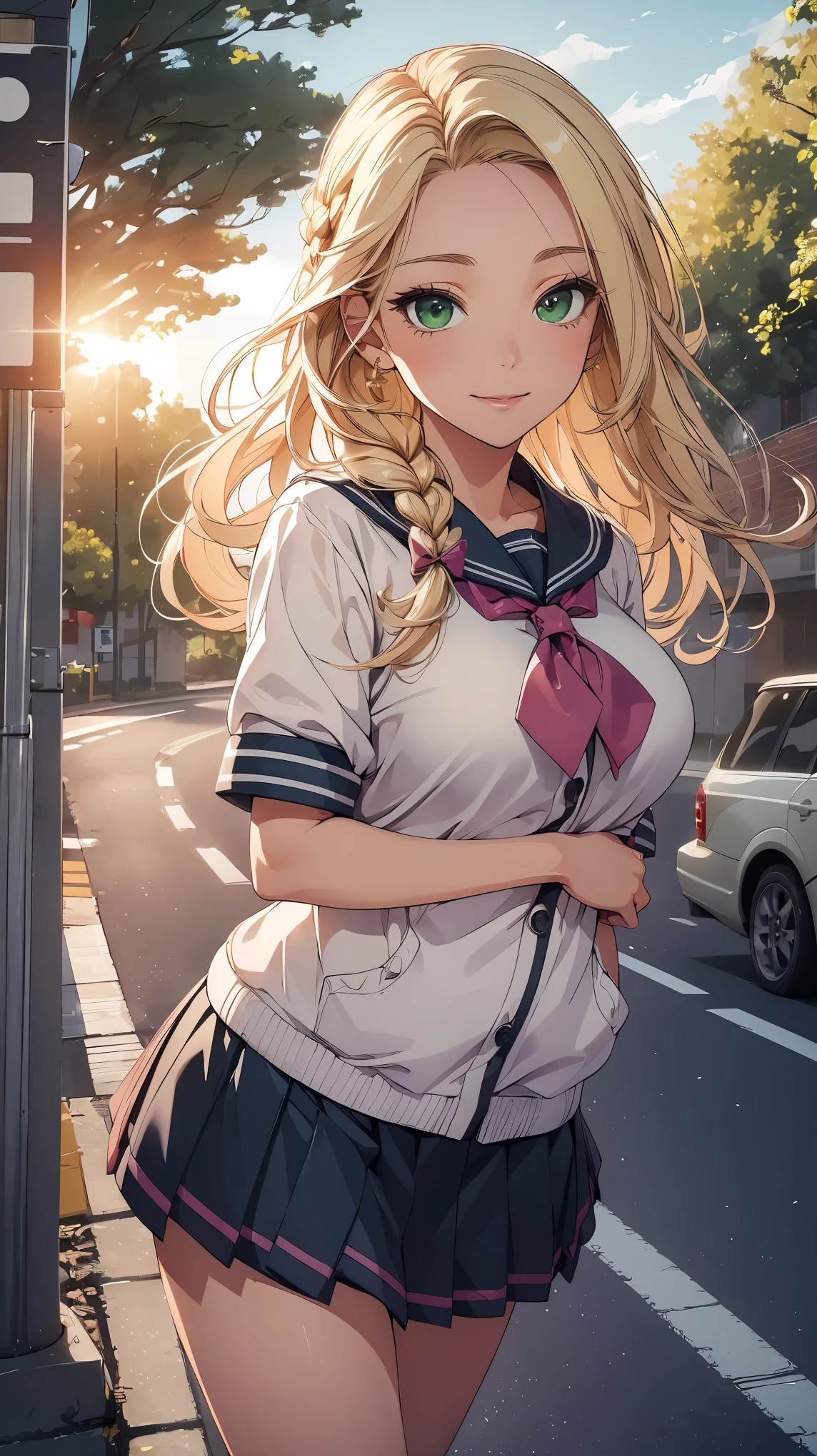concept:beautiful woman portrait. quality:(最高quality, 8k, 4k, High resolution, masterpiece:1.2), Super detailed, (real, photorealistic:1.37), 高qualityのアートワーク, beautiful illustrations. illumination:Bright colors, Lens flare, The overall dramatic atmosphere of the scene, natural light. Subject information:alone, sexy woman, (round eyes), (small face), (high detail skin:1.2), long eyelashes, glossy lips, smile, (blonde, braided hair, green eyes), perfect face, cute face, shiny skin, long eyelashes, (big breasts), かわいいsmile:1.2, (anatomically correct), (private high , sailor suit:1.2, Colorful ribbons, mini skirt). Other details:Bus stops:1.2, Landscape, Turn around and smile:1.2, 細部までこだわったrealな光と影, (((sunny day, The wind feels good, fluttering clothes and hair))), background bokeh, 500㎜, f/4.0, photo shoot.