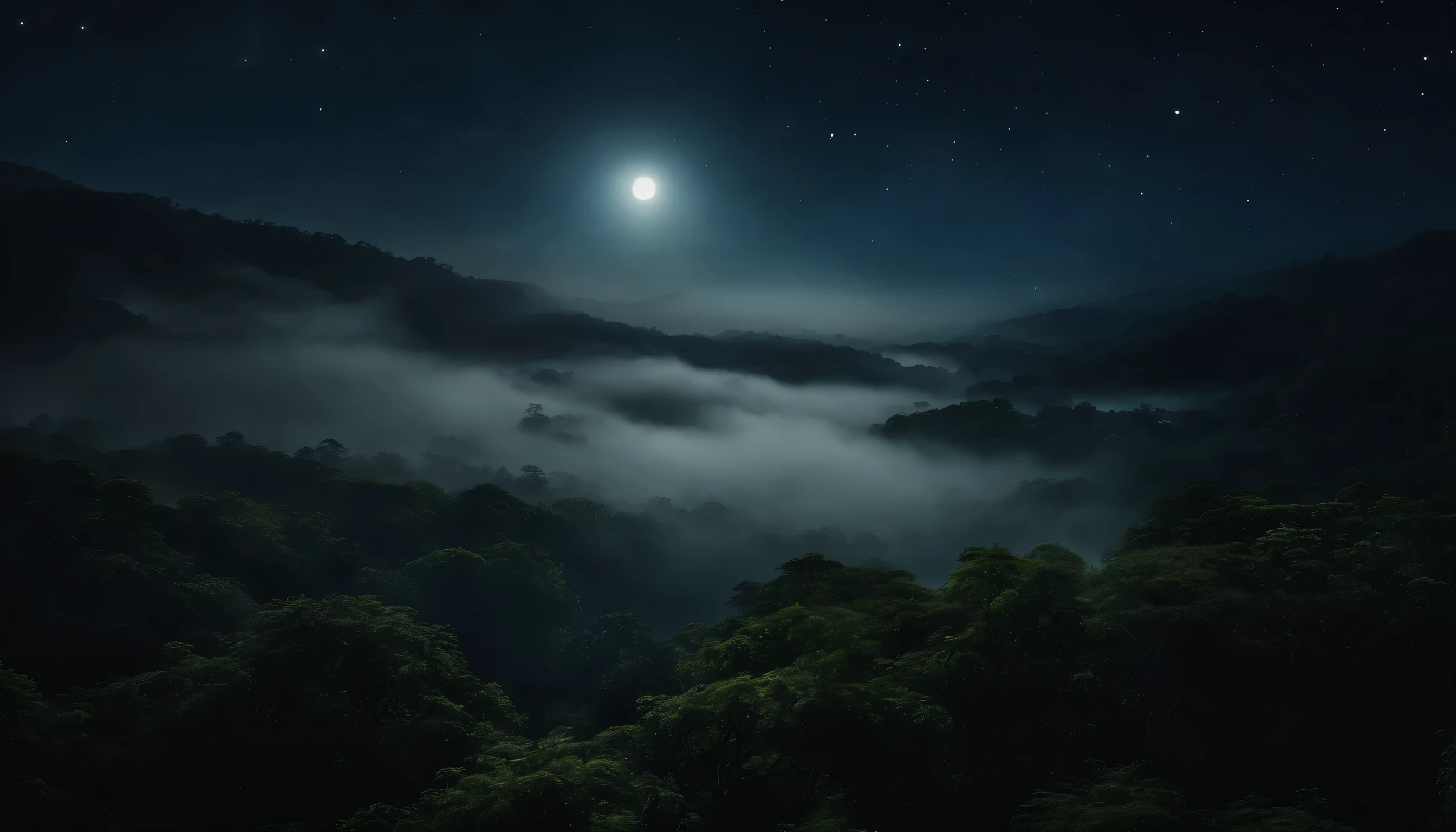 dim moonlight、night sky with twinkling stars、fog and mist are trees々Cinematic drone shot scene of jungle-covered landscape