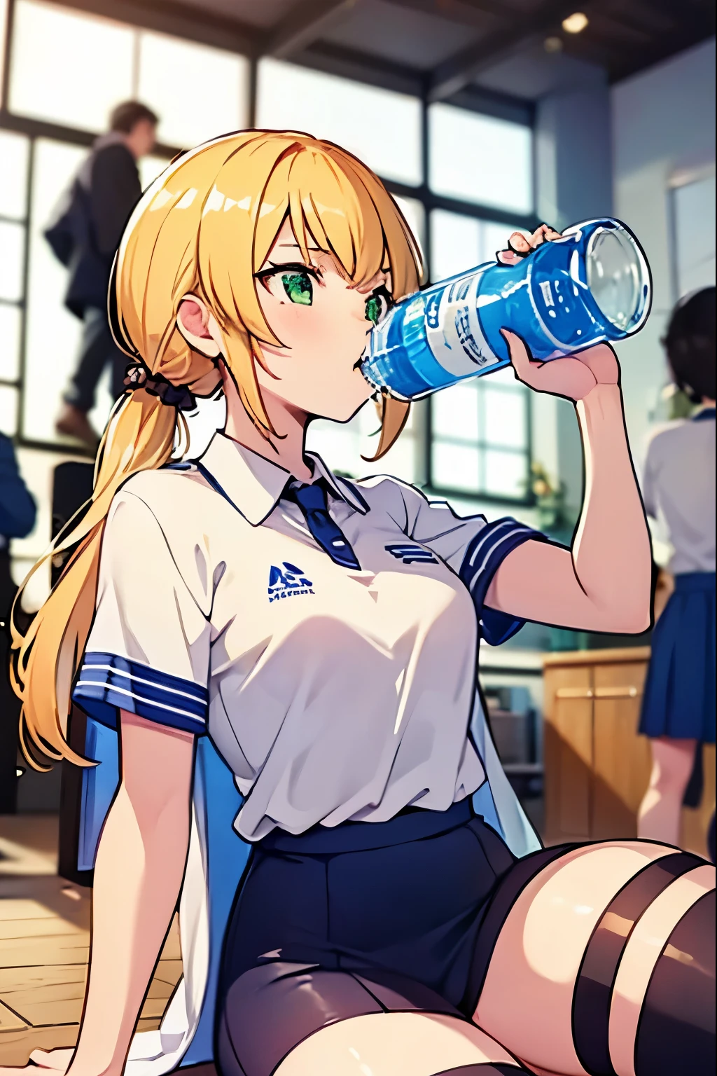 anime style, Ellen Baker, beautiful, green eyes, blonde hair, sportswear, chug a drink from a water bottle, Jersey, Show your armpits, playground (masterpiece:1.2), (lively:1.2), very detailed, perfect art, physical education class, Refreshing sweat, 