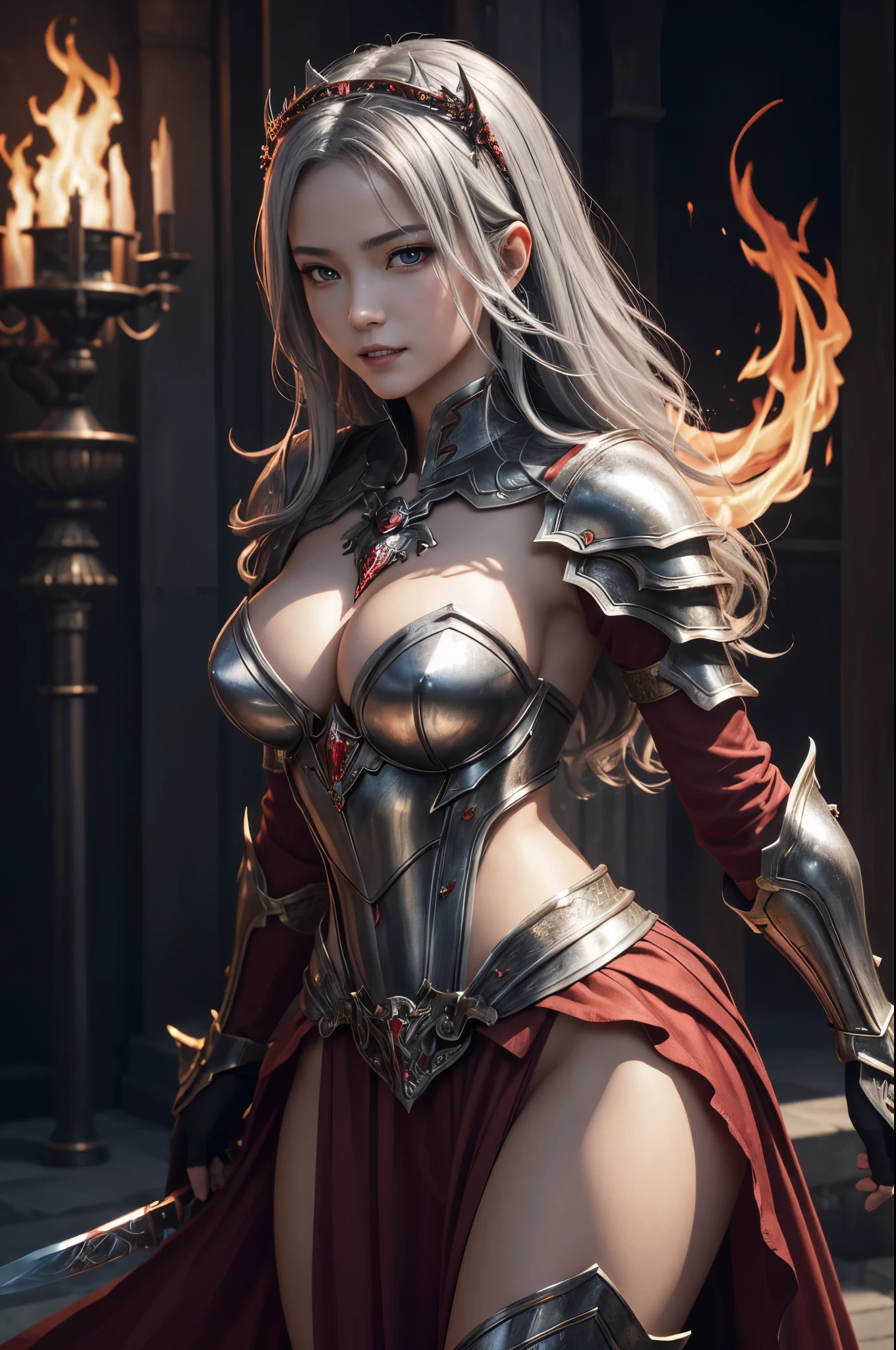 8K、赤いChest armor with flame motif,A bewitching succubus wearing luxurious red armor..,super beautiful(like the real thing)、Long skirt with a luxurious red flame motif,Arafed woman taking a photo with sword and armor、Beautiful wavy silver hair、big and full breasts、Chest armor with flame motif(red and silver)2。5d cgi anime fantasy artwork、fan art mayo art station、デジタルfantasy art)、wallop loss draw、woman in armor、壮大なfantasy artスタイル、beautiful succubus、Charm、Beautiful fangs、looking at the viewer、captivating gaze、laughter、masterpiece,Photorealistic RAW photos of the highest quality。bright colors,rich colors, Backlight, cinematic lighting, film grain, to be born, 50MM lens, Nikon D850,realistic skin,fantasy art,character art,ultra high resolution,realistic scale skin,Perfect hand shape,goddess of evil,