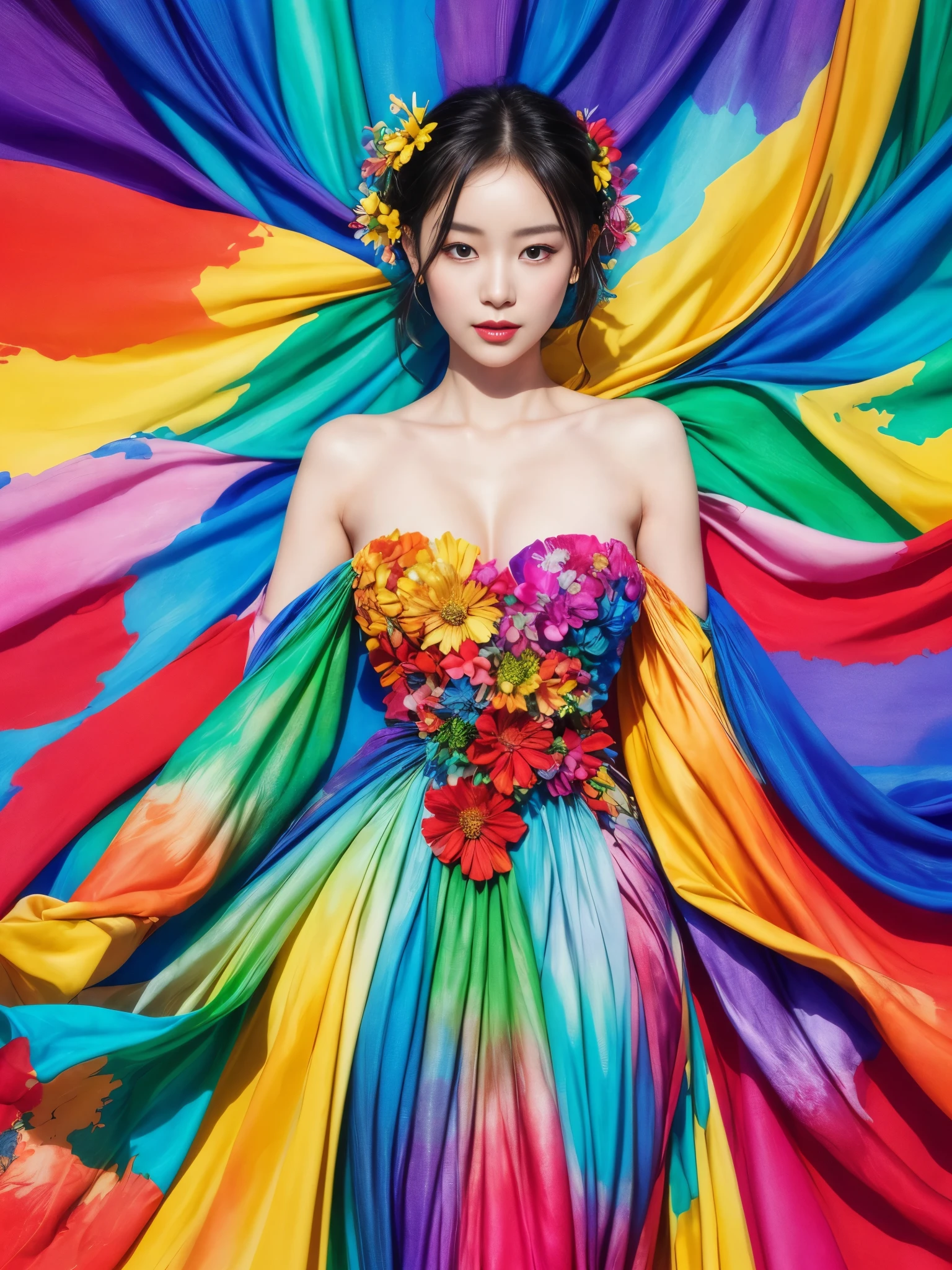 offcial art,Colorful background, A beautiful woman with delicate facial features,Flower arms, Colorful and colorful silks cover the body, The looming body, (masterpiece, top quality, best quality, official art, beautiful and aesthetic:1.2)