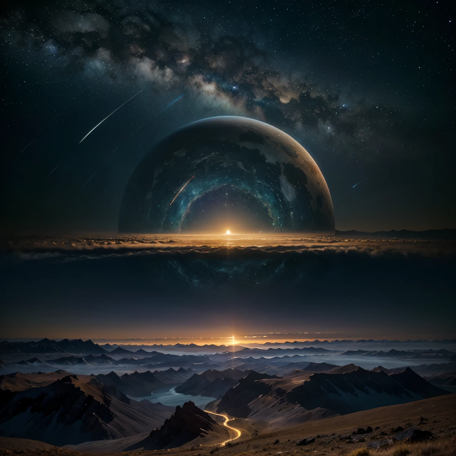 

A breathtaking digital painting of a fantastical planet landscape under a spectacular night sky. The planet is covered in a diverse range of biomes, from lush forests to vast deserts and snow-capped mountains. The night sky is filled with an array of celestial bodies, including planets, stars, and a striking comet. The lighting is fantastic, with a warm, golden glow illuminating the landscape and a cool, blue hue dominating the sky. The overall composition is of high quality and showcases intricate line art