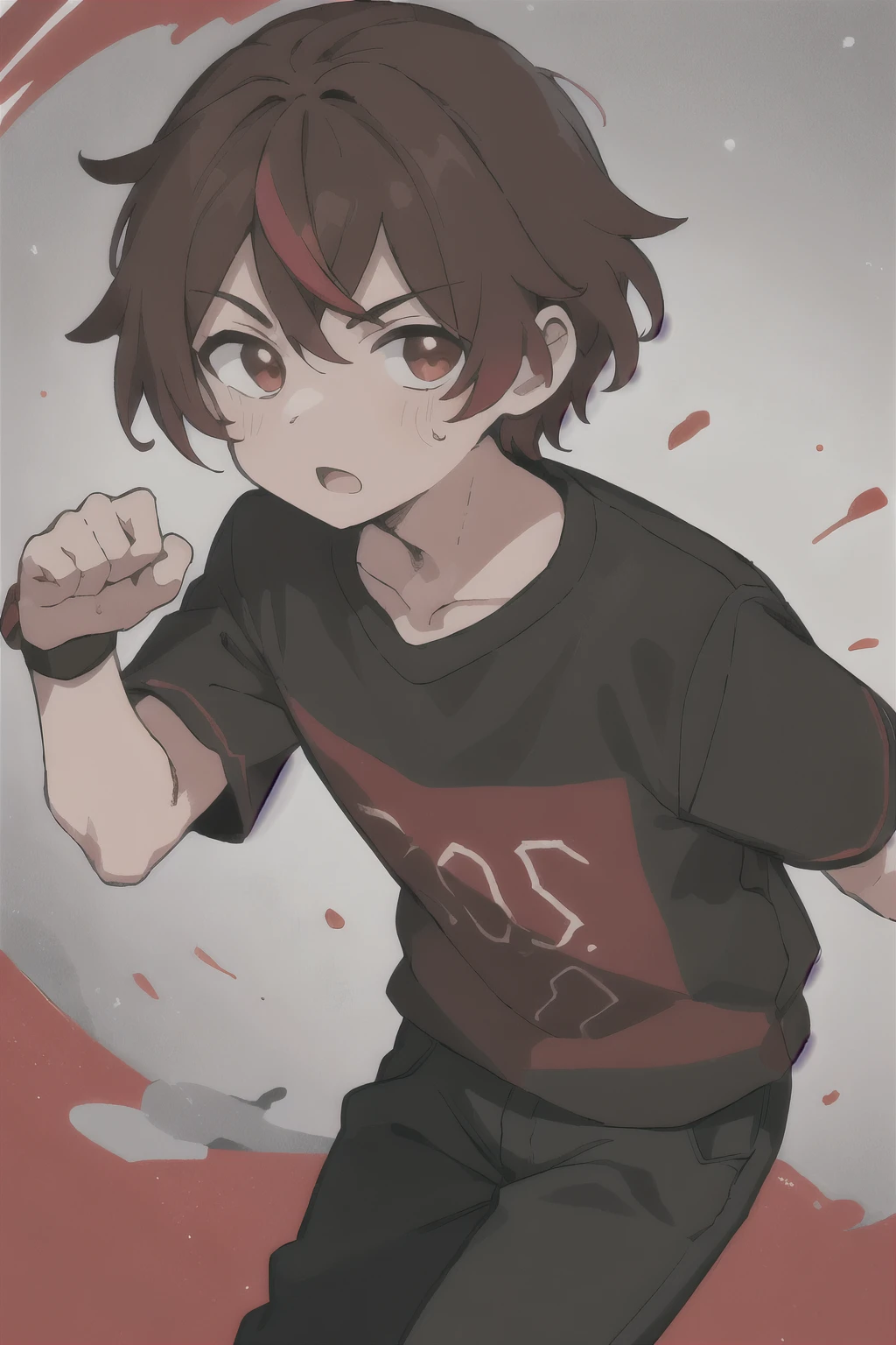boy、Has an omnitilux with red details on his right wrist。He has brown hair,、He is wearing a black shirt with red details。he is wearing black pants。.