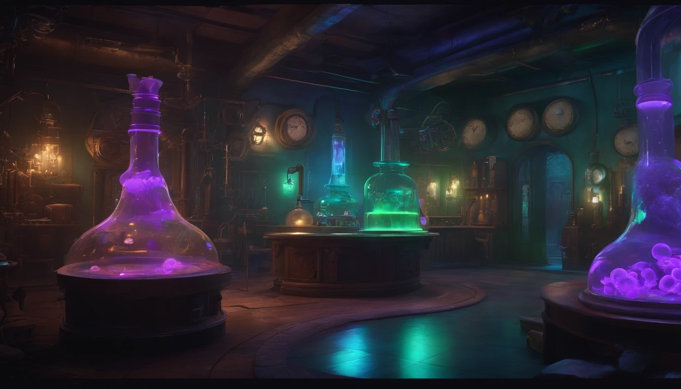 high resolution, 4k, cinematic, alchemist laboratory in a cartoon setting, filled with the magic of science and the mystique of the unknown. The room is bathed in a very neon shine, casting long, intriguing shadows on the walls. Neon lavender purple and turquoise liquids bubble and froth in vidraria, and the air is filled with the hiss of steam escaping from various pipes and machines. The alchemist's table is strewn with strange instruments, metalic components, and rebites - the remnants of countless experiments. The air is thick with bubbles the scent of chemicals and the hum of gears turning. There is an otherworldly quality to the place