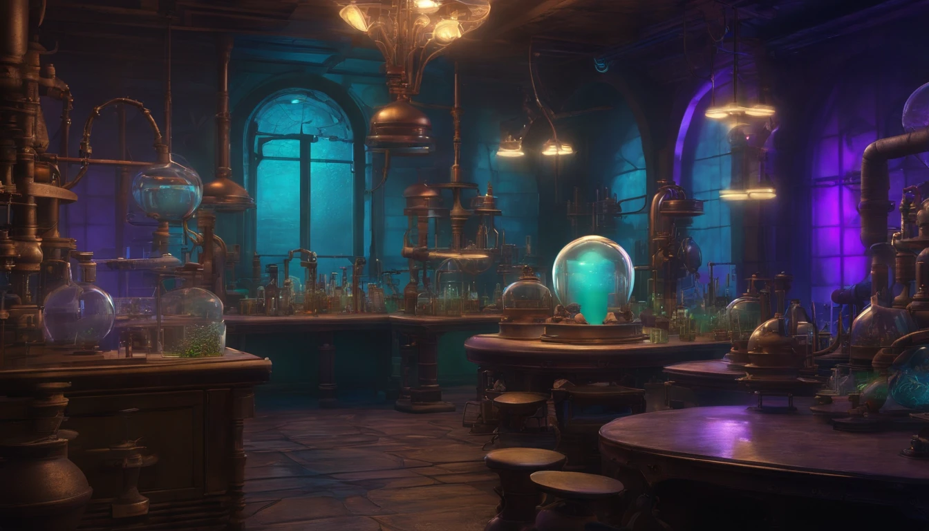 high resolution, 4k, cinematic, alchemist laboratory in a cartoon setting, filled with the magic of science and the mystique of the unknown. The room is bathed in a very neon shine, casting long, intriguing shadows on the walls. Neon lavender purple and turquoise liquids bubble and froth in vidraria, and the air is filled with the hiss of steam escaping from various pipes and machines. The alchemist's table is strewn with strange instruments, metalic components, and rebites - the remnants of countless experiments. The air is thick with bubbles the scent of chemicals and the hum of gears turning. There is an otherworldly quality to the place