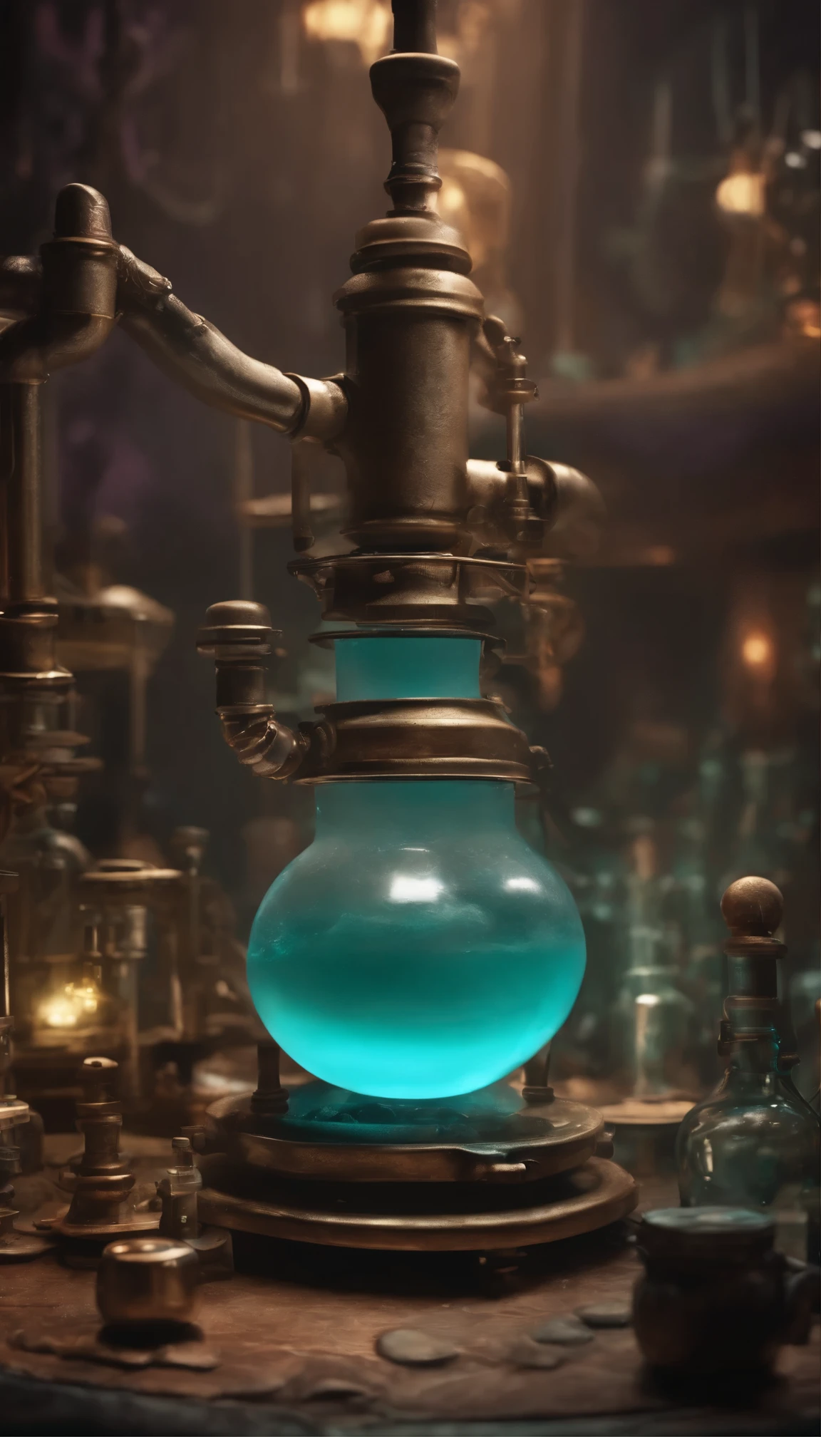 high resolution, 4k, cinematic, alchemist laboratory in a cartoon setting, filled with the magic of science and the mystique of the unknown. The room is bathed in a very neon shine, casting long, intriguing shadows on the walls. Neon lavender purple and turquoise liquids bubble and froth in vidraria, and the air is filled with the hiss of steam escaping from various pipes and machines. The alchemist's table is strewn with strange instruments, metalic components, and rebites - the remnants of countless experiments. The air is thick with bubbles the scent of chemicals and the hum of gears turning. There is an otherworldly quality to the place
