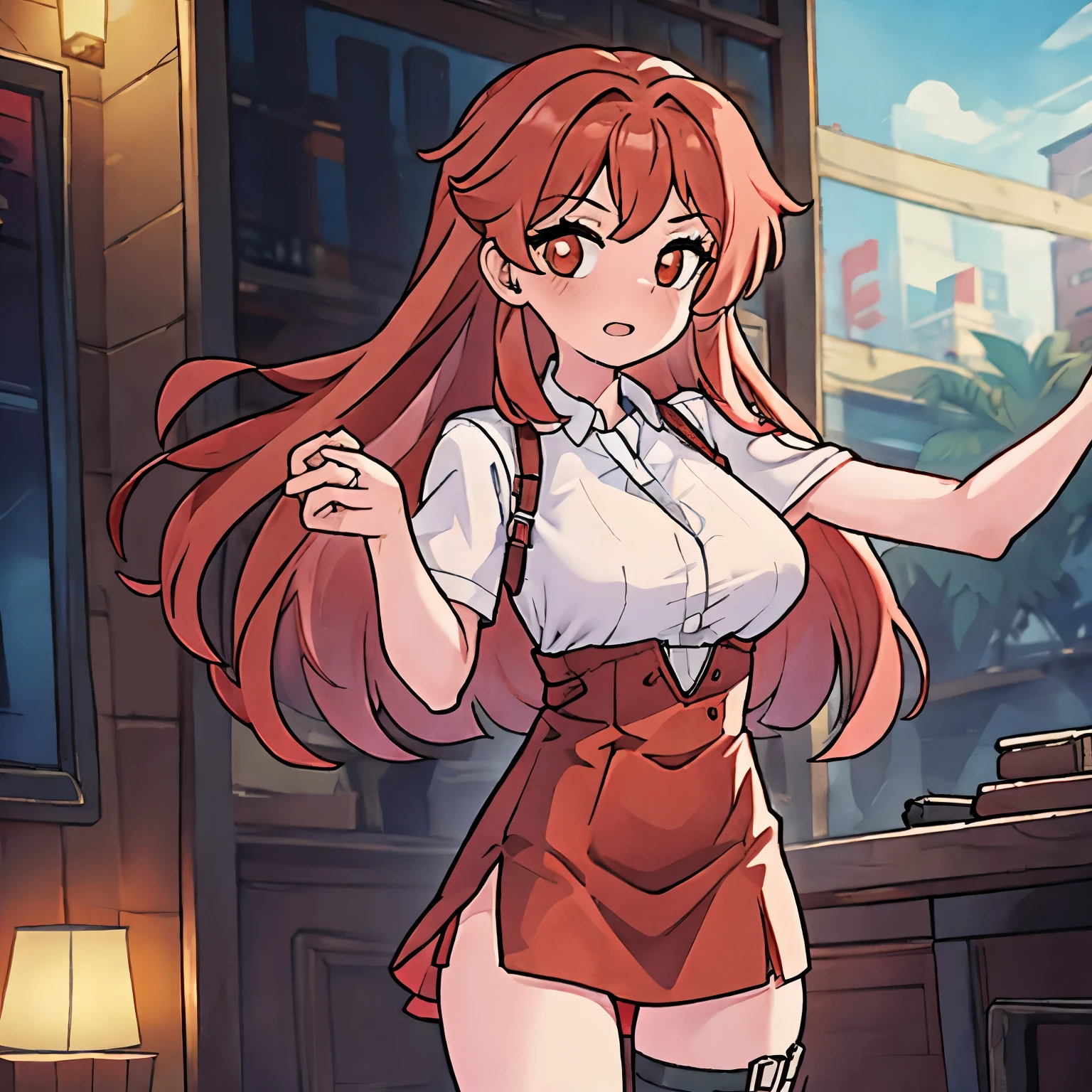 a girl with red eyes and red hair and a big chest, dressed in a low-cut dress, standing waiting