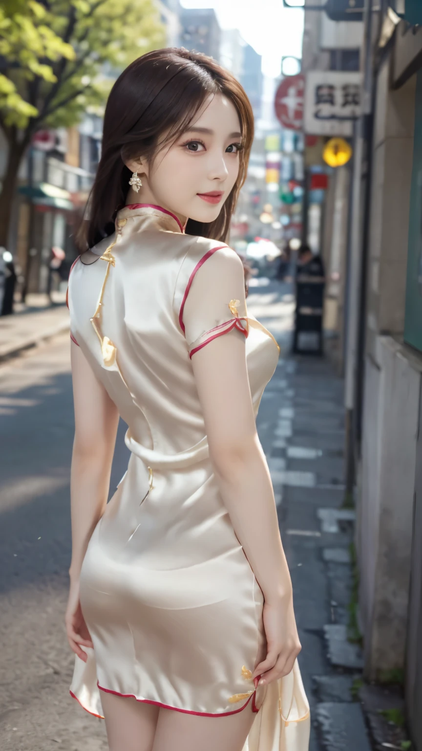 (8K, highest quality, Raw photo、masterpiece: 1.2), Super detailed, highest quality, ultra high resolution, professional lighting, photon mapping, radio city, Physically based rendering, cinematic lighting, Depth of written boundary, i concentrate,1 female,24-years-old、 (full body shot),  ((silk cheongsam dress:1.3)),(looking at the viewer:1.3) very slim, medium breasts, (pull clothes, Dress Tags, Wind, Wind lift:1.12),((return)), ((from behind))(buckshot), cute, white skin、looking at the viewer, light smile,alone, enchanting smile, wide opening, professional lighting, Sony α7R4, Zecy 50mm F1.8, medium breasts,thin and beautiful eyes,