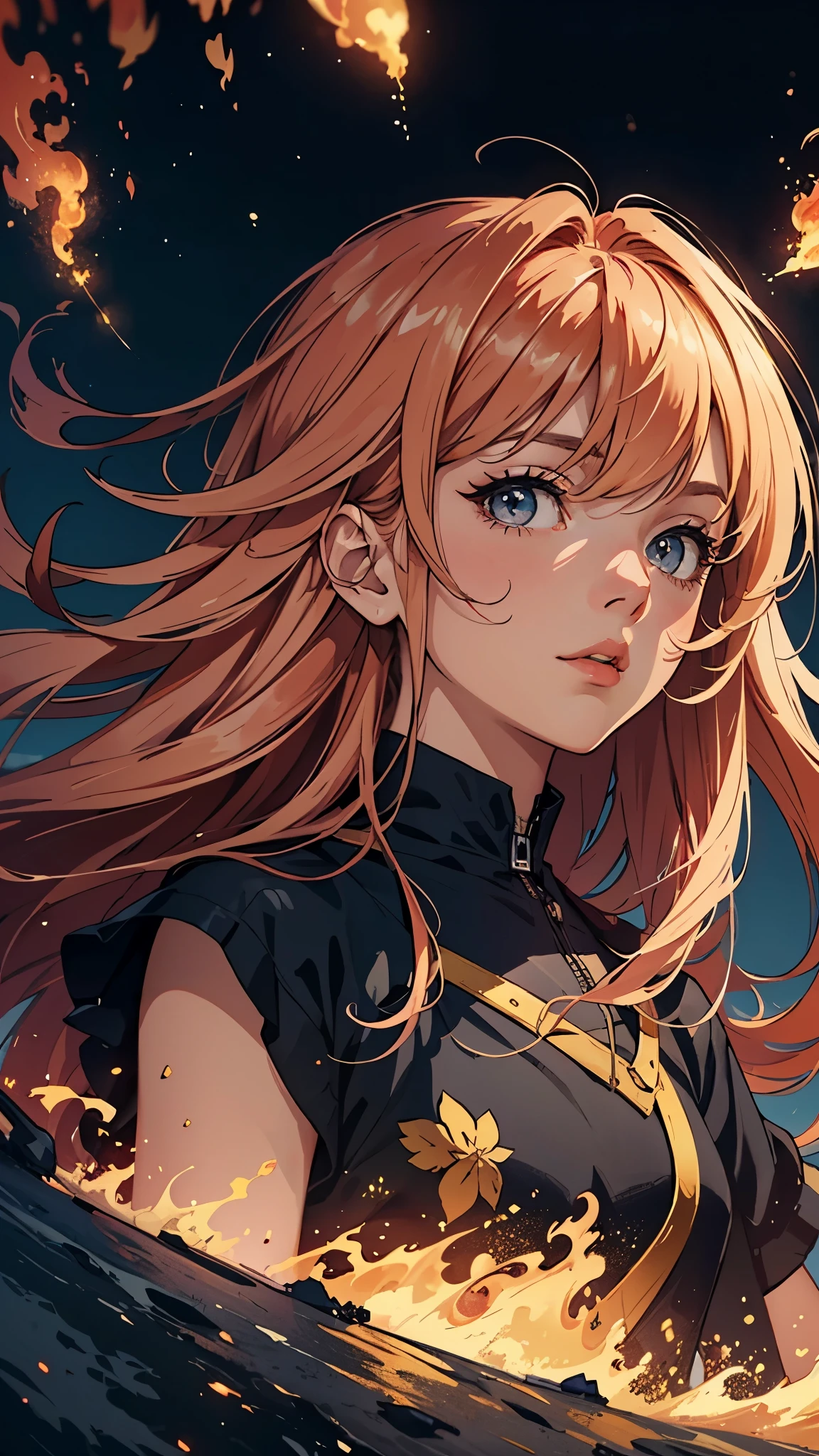 (Best quality, 4K, 8K, A high resolution, Masterpiece:1.2), Ultra-detailed, Noble magic enchanted woman, Exquisite facial features，Long blonde curly hair details expressed, Graceful posture, Dreamy atmosphere, expressive brush strokes, mystical ambiance, Artistic interpretation,Delicately coiled hair，anime, the sky, the sun, the stars, the silhouette of a person, the silhouette of a person, the silhouette of a person, the sky,, anato finnstark and alena aenami, youtube thumbnail, missiles explosions in the sky, connectedness, red sky blue, shimmering stars, portrait of a dreamer, screenshot from a 2012s anime