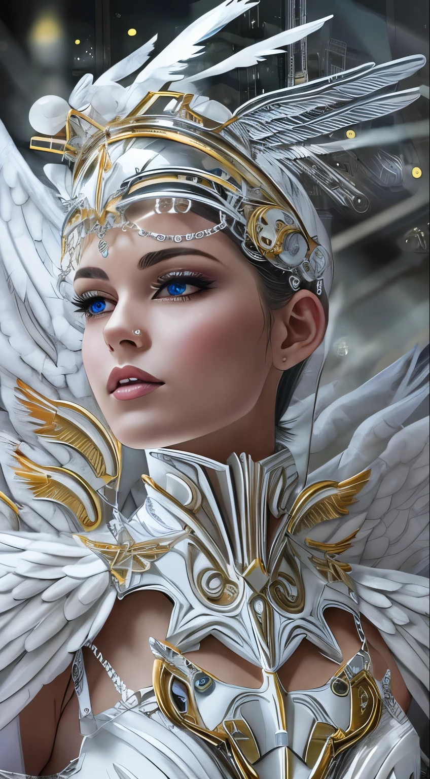 Close-up of a woman in a white dress with wings, full body angel, futuristic robot angel, amazing angel wings, angel knight gothic girl, angel in plastic armor, intricate costume designs, As a mysterious Valkyrie, The whole body is made of white feathers,, futuristic and fantastic, white wings, beautiful angel wings, steampunk angel, beautiful cyborg angel girl, graceful wings