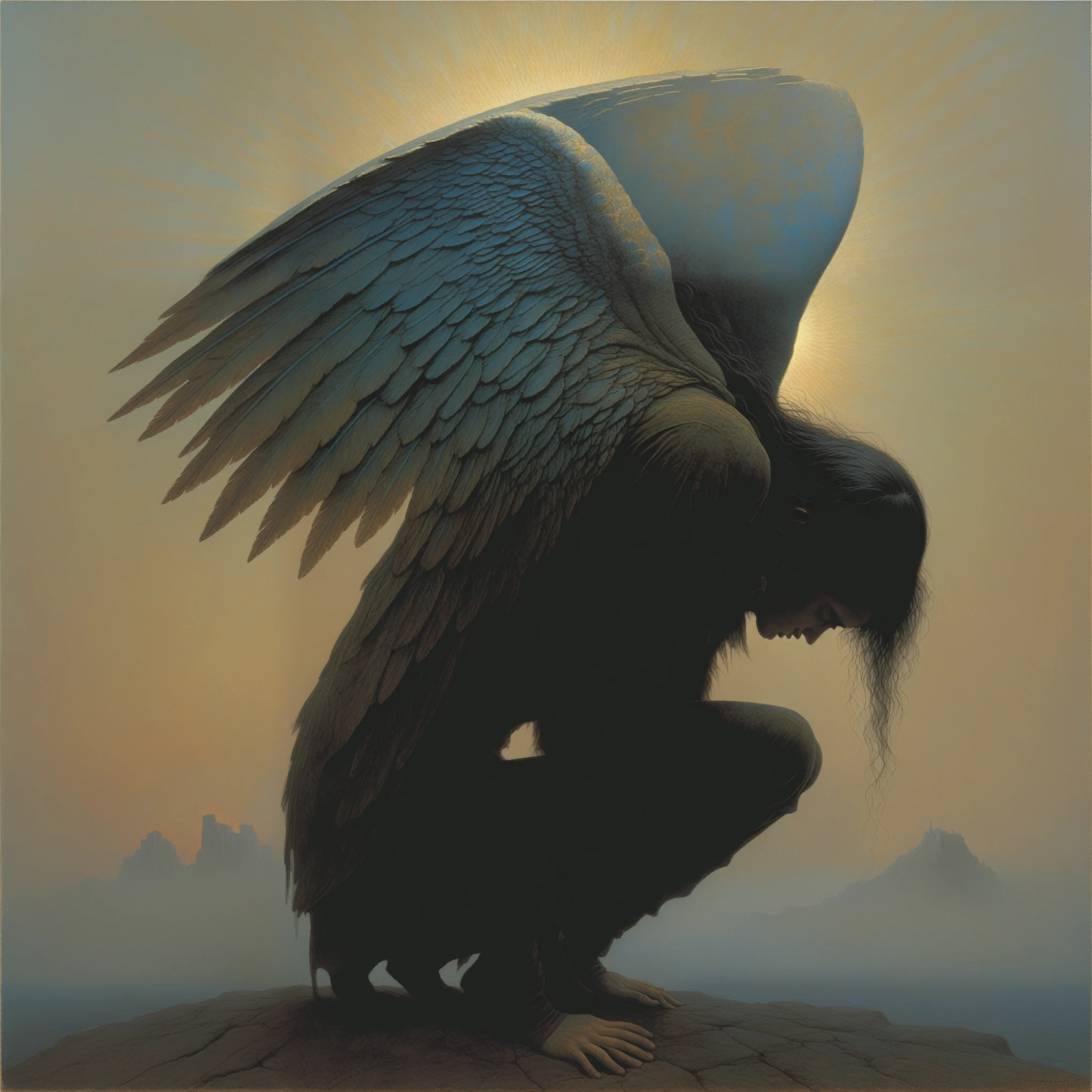 a painting of a person kneeling down with a wing on their head, beksiński, zdzisław beksiński, zdzislaw beksiński, by Milton Glaser, winged human, artstyle zdzisław beksiński, by Zdzisław Beksiński