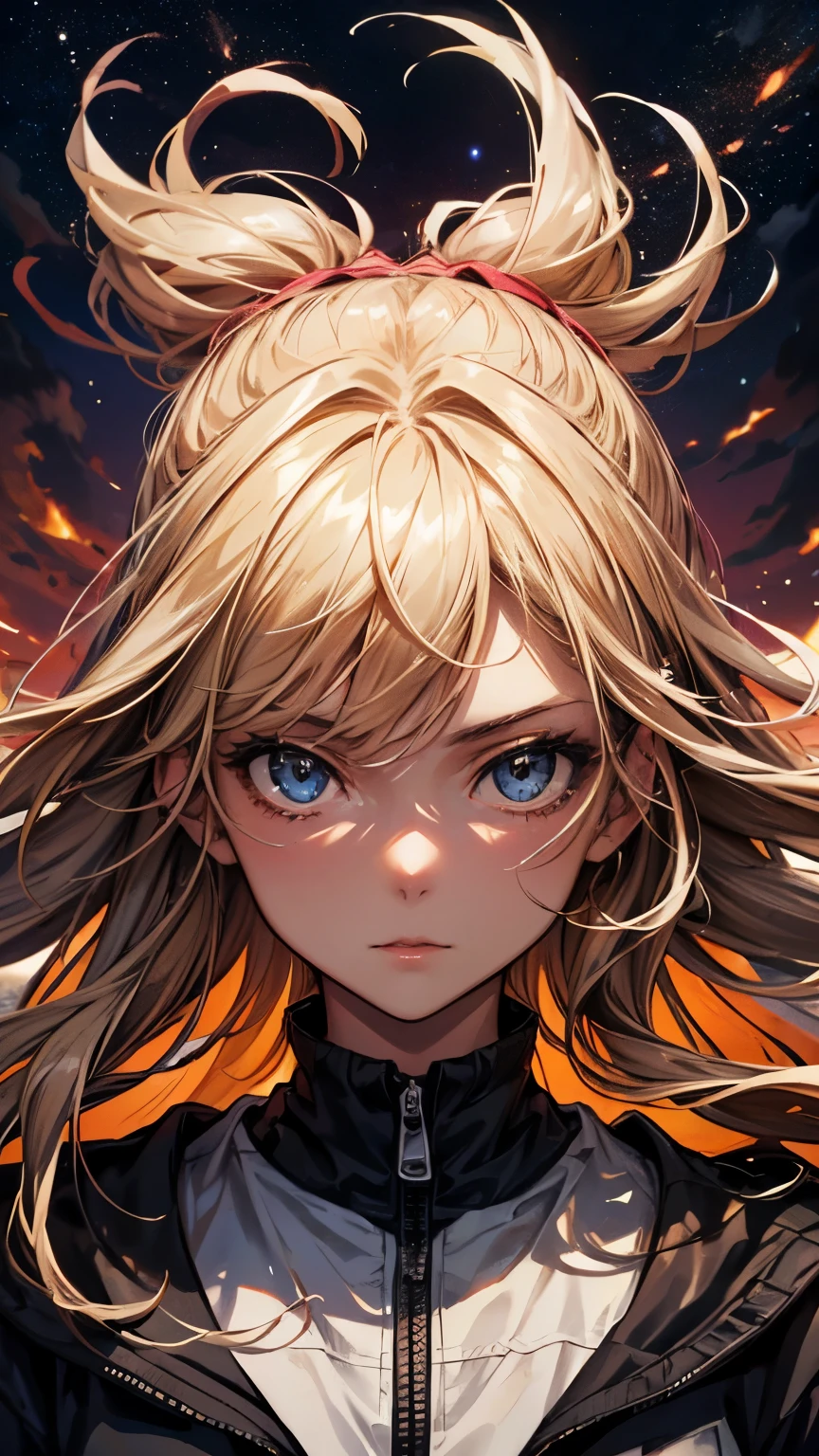 (Best quality, 4K, 8K, A high resolution, Masterpiece:1.2), Ultra-detailed, Noble magic enchanted woman, Exquisite facial features，Long blonde curly hair details expressed, Graceful posture, Dreamy atmosphere, expressive brush strokes, mystical ambiance, Artistic interpretation,Delicately coiled hair，anime, the sky, the sun, the stars, the silhouette of a person, the silhouette of a person, the silhouette of a person, the sky,, anato finnstark and alena aenami, youtube thumbnail, missiles explosions in the sky, connectedness, red sky blue, shimmering stars, portrait of a dreamer, screenshot from a 2012s anime