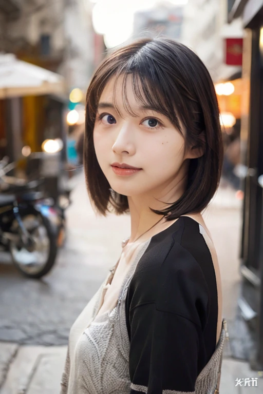 Match mariaM,live-action,4k,20 year old female,close up of face,one person,black hair,short hair,Backlight、sunset、bustling street