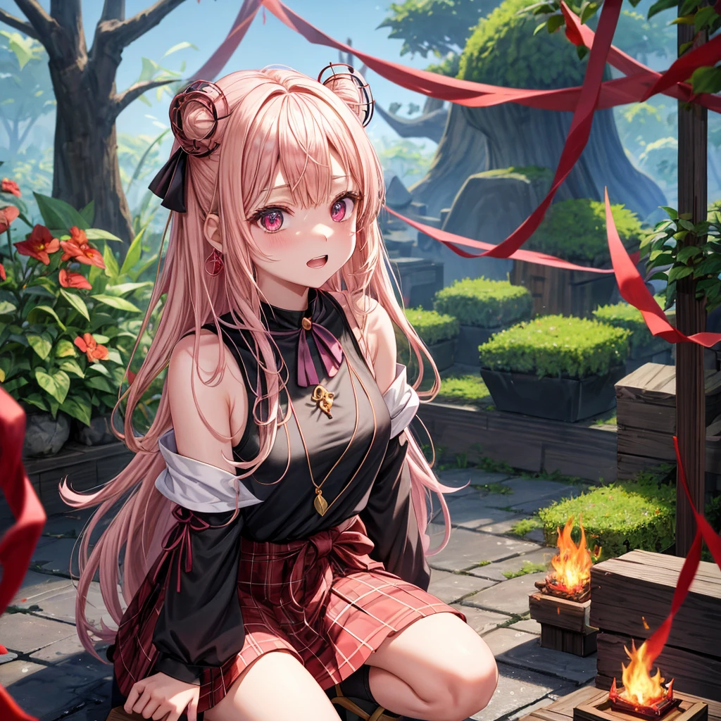 pink blonde、red eyes、one good looking girl、solo、anime、plaid mini skirt、black camisole、black t-shirt、dress、wearing a ribbon、ribbon at waist、cloak、hood、stone slabs are piled up、crystal earrings、jewelry necklace、Light and shadow、walking、clock、universe、vine plant、petal、tilting one's face、teeth are visible、fire spirit、book of magic、Cube、bamboo forest、lava、Plum blossom、squatting down