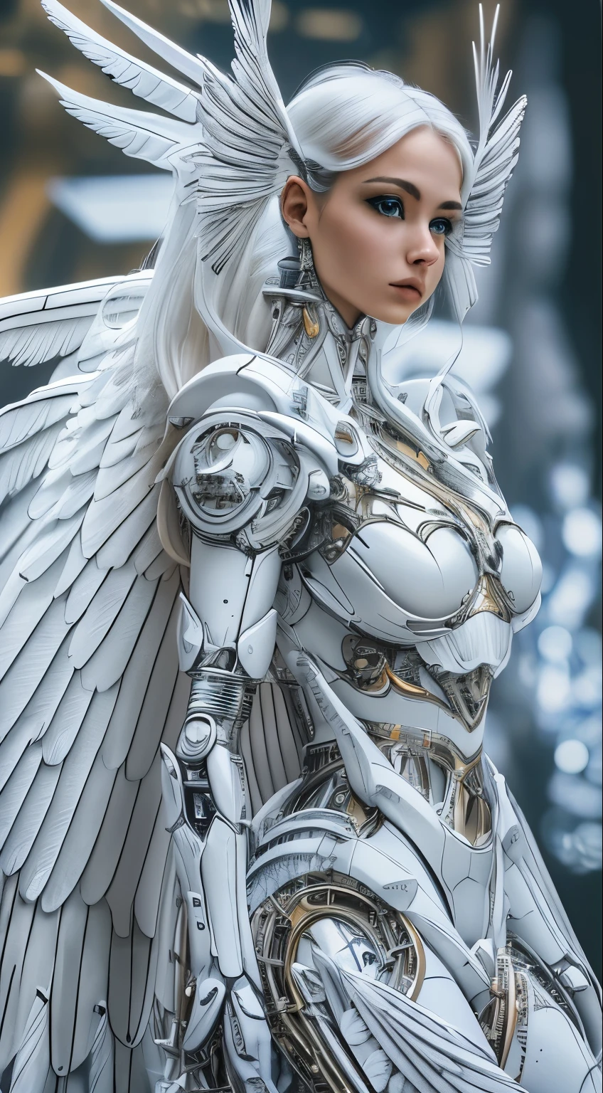 Close-up of a woman in a white dress with wings, full body angel, futuristic robot angel, amazing angel wings, angel knight gothic girl, angel in plastic armor, intricate costume designs, As a mysterious Valkyrie, The whole body is made of white feathers,, futuristic and fantastic, white wings, beautiful angel wings, steampunk angel, beautiful cyborg angel girl, graceful wings