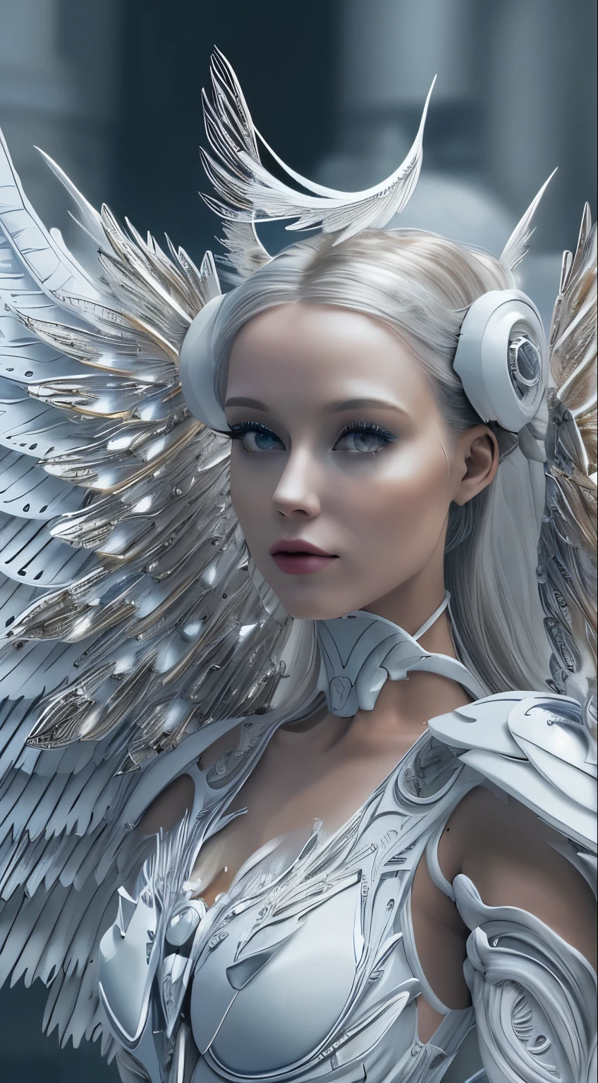 Close-up of a woman in a white dress with wings, full body angel, futuristic robot angel, amazing angel wings, angel knight gothic girl, angel in plastic armor, intricate costume designs, As a mysterious Valkyrie, The whole body is made of white feathers,, futuristic and fantastic, white wings, beautiful angel wings, steampunk angel, beautiful cyborg angel girl, graceful wings