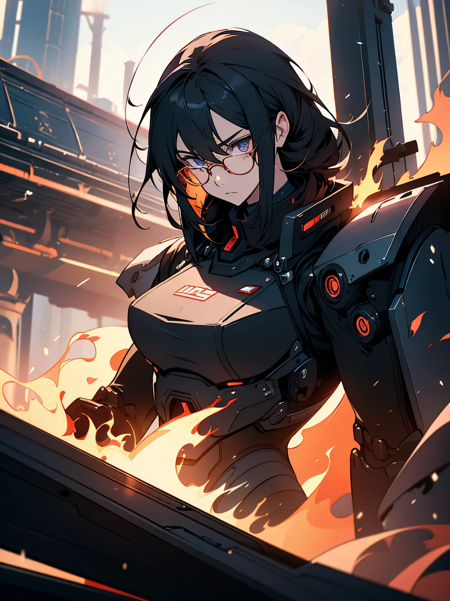 absurd solution, High resolution, (masterpiece: 1.4), hyper detail, And me too, black armor, big warehouse, please open your eyes, red glasses, towards the lens, fire, body power stove heat, Robot arm holding flame and white smoke in hand、beautiful anime、fine eyes