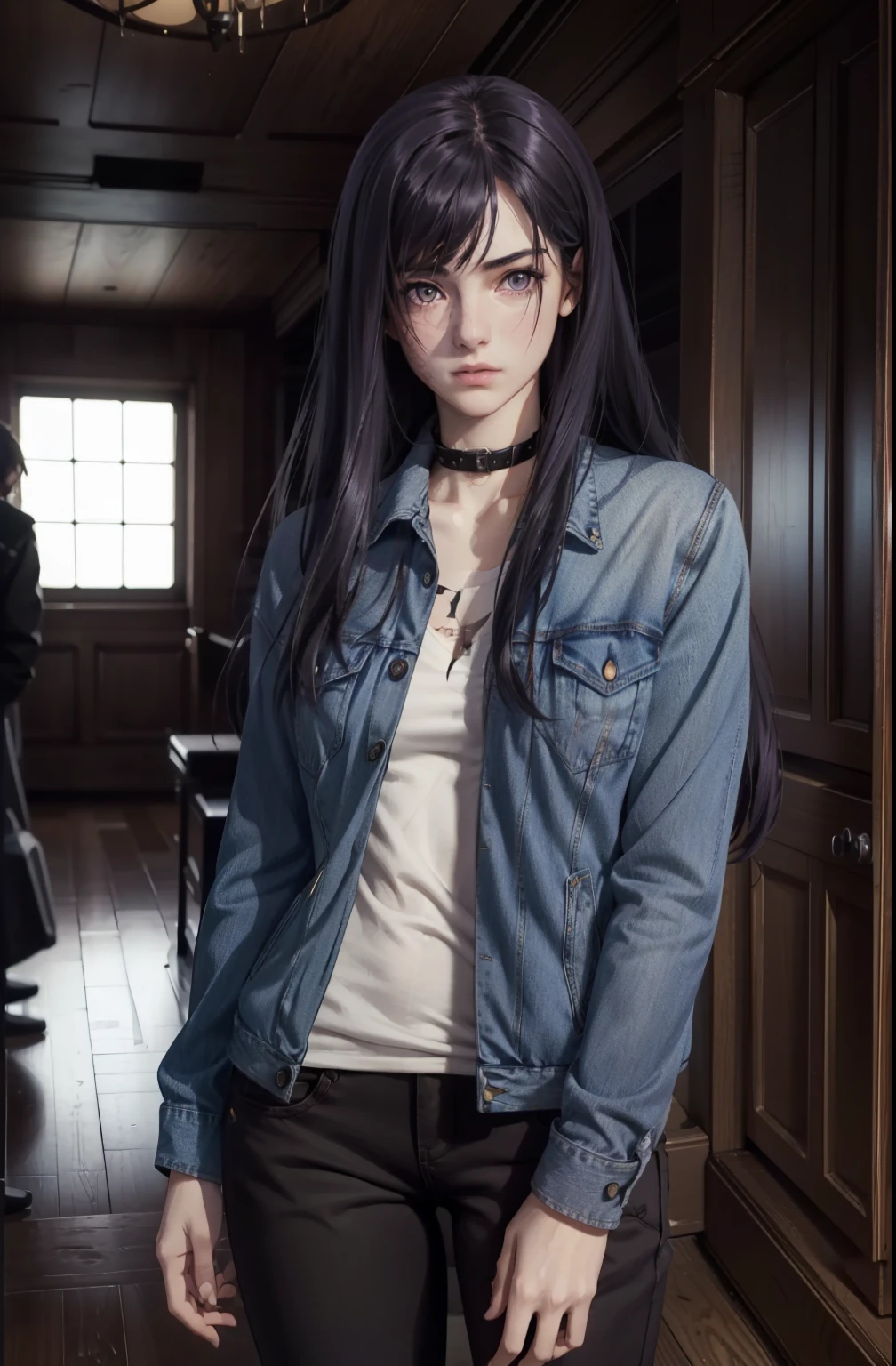 8k, (stand:1.3), slim and fit girl, perfect medium breast, slim waist, long dark purple straight hair, a lock of hair hides the right eye, burn scar,  burn mark on right side of face and body, casual outfit, jacket, tight sexy denim outfit, holds his hands behind his back, carefully drawn hands