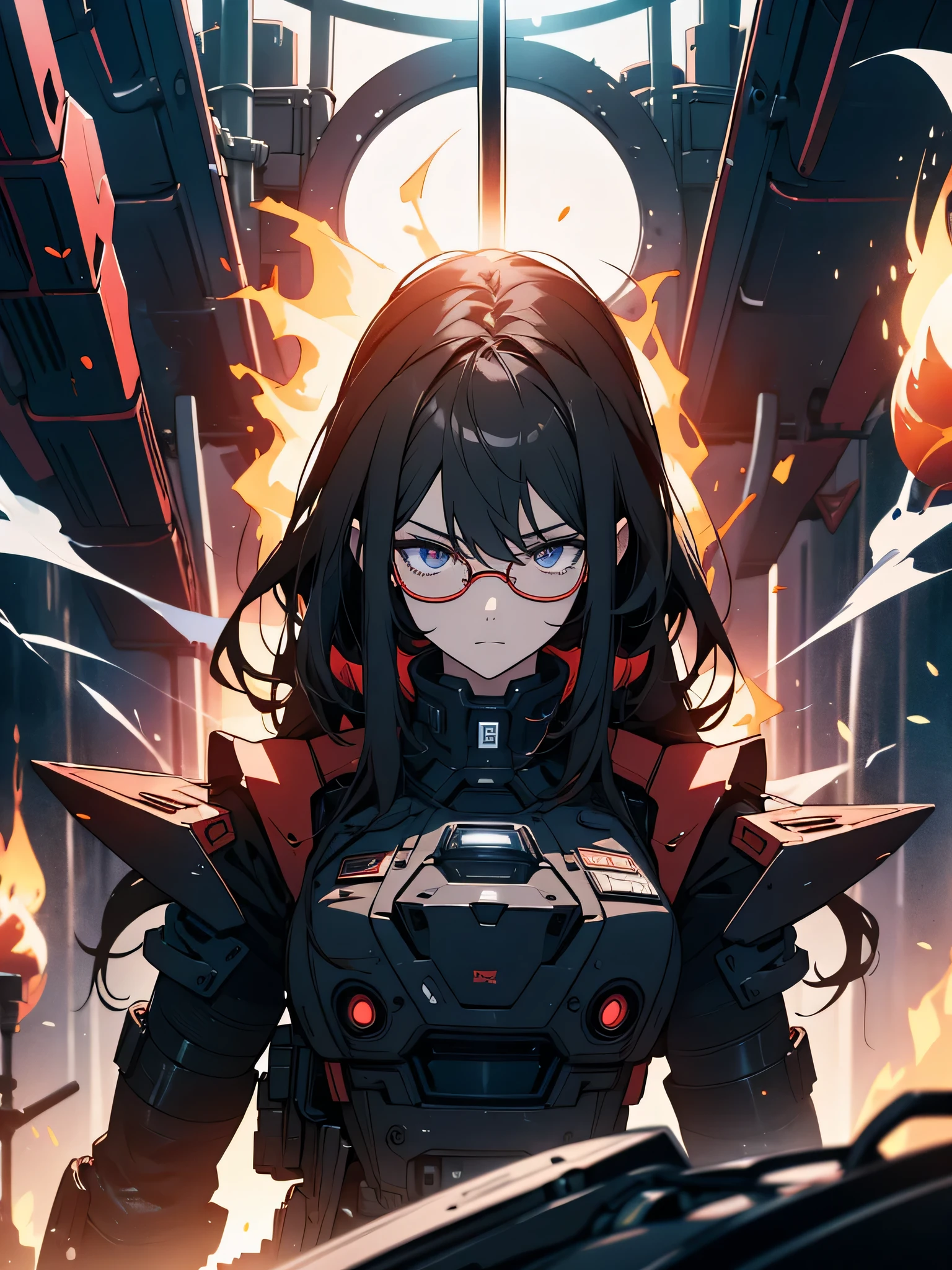 absurd solution, High resolution, (masterpiece: 1.4), hyper detail, And me too, black armor, big warehouse, please open your eyes, red glasses, towards the lens, fire, body power stove heat, Robot arm holding flame and white smoke in hand、beautiful anime、fine eyes