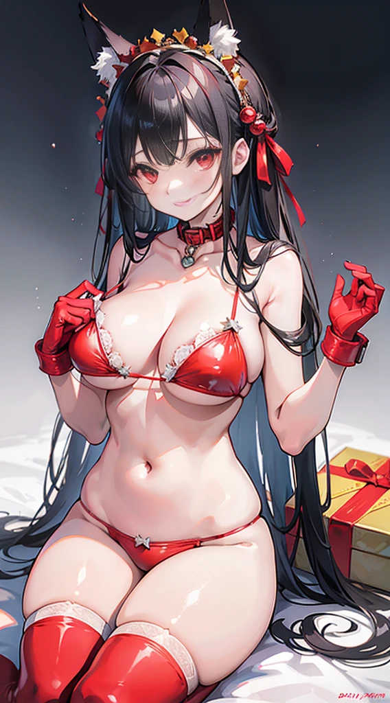 high quality, masterpiece, super detailed, 1 girl, and its delicate face, Christmas red lace latex bikini,red gloves,Red Christmas stocking headdress,mad,handcuffs,collar,Calm expression,Smile,handcuffs,collar,long black hair, charming pink eyes, fox ears, Ridiculously big, shiny skin, sitting on the snow,Cover your chest with your hands,Bright Christmas night scene