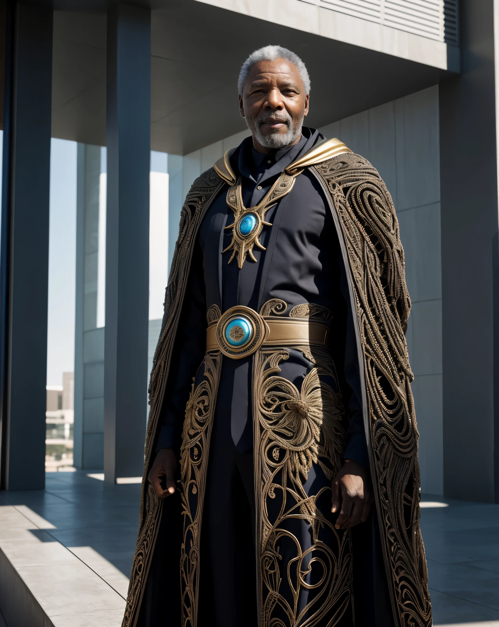 Nelson Mandela, Morgan Freeman, Idris Elba, Black African old elder man, wizered in the council of elders, futuristic fashion robe, Instagram Vibes, Allegiant Movie Graphics, modern minimalist semi-future, vibrant, vivid, perfect lighting, HDR, 8k, ((intricate detailed:1.4)), ((hyper realistic)), Extremely Realistic, Realism, Raw photo, Photography, Photorealism, Photoshoot,