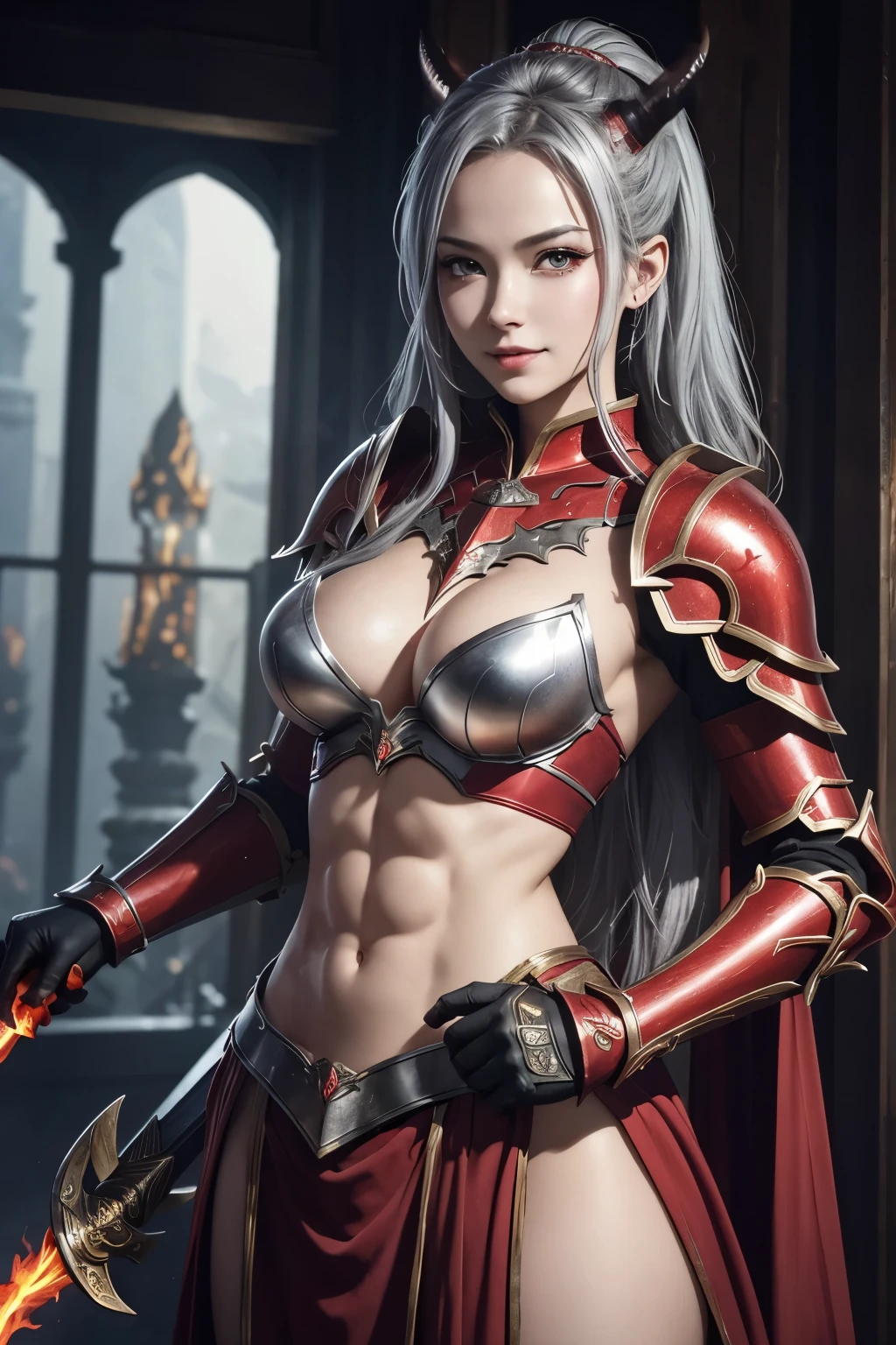 8K、,A bewitching succubus wearing sexy red armor..,super beautiful(like the real thing)、Long skirt with a luxurious red flame motif,Arafed woman taking a photo with sword and armor、Beautiful wavy silver hair、big and full breasts、Sexy flame-shaped chest armor(red and silver)2。5d cgi anime fantasy artwork、fan art mayo art station、デジタルfantasy art)、wallop loss draw、woman in armor、壮大なfantasy artスタイル、beautiful succubus、Charm、Beautiful fangs、looking at the viewer、captivating gaze、masterpiece,Photorealistic RAW photos of the highest quality。bright colors,rich colors, Backlight, cinematic lighting, film grain, to be born, 50MM lens, Nikon D850,realistic skin,fantasy art,character art,ultra high resolution,realistic scale skin,Perfect hand shape,goddess of evil,Luxurious red big chest chest armor(flame emblem filigree),smile,Violent and strongly cracked abdominal muscles,Red shoulder armor(flame emblem filigree),Red Gauntlet(flame emblem filigree),red leg armor(flame emblem filigree),muscle pump up,muscles swell,