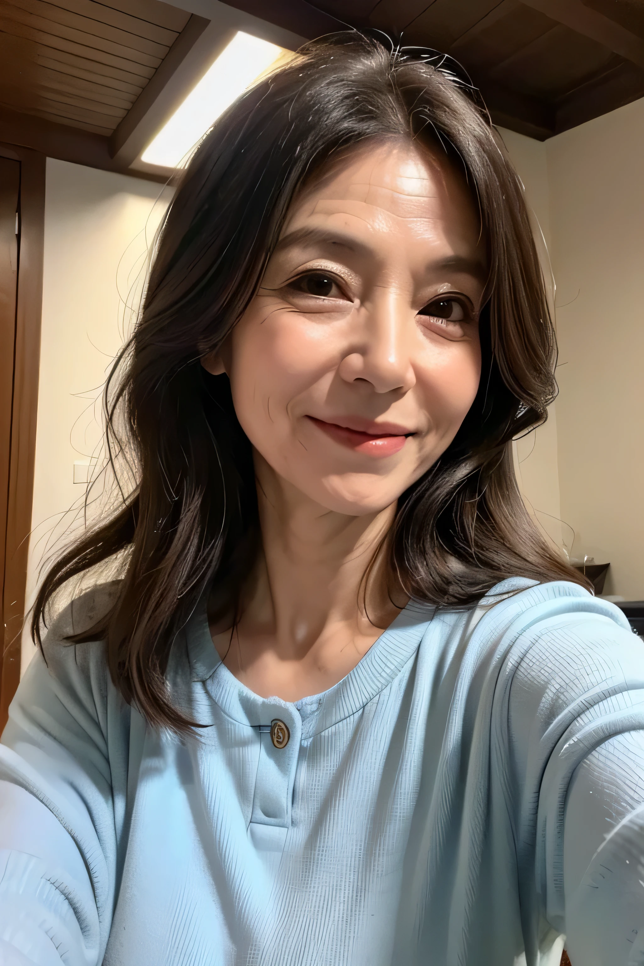(masterpiece:1.4),(Female, 67 years old:1.4),(facial wrinkles 1.2),smile,long wavy hair,