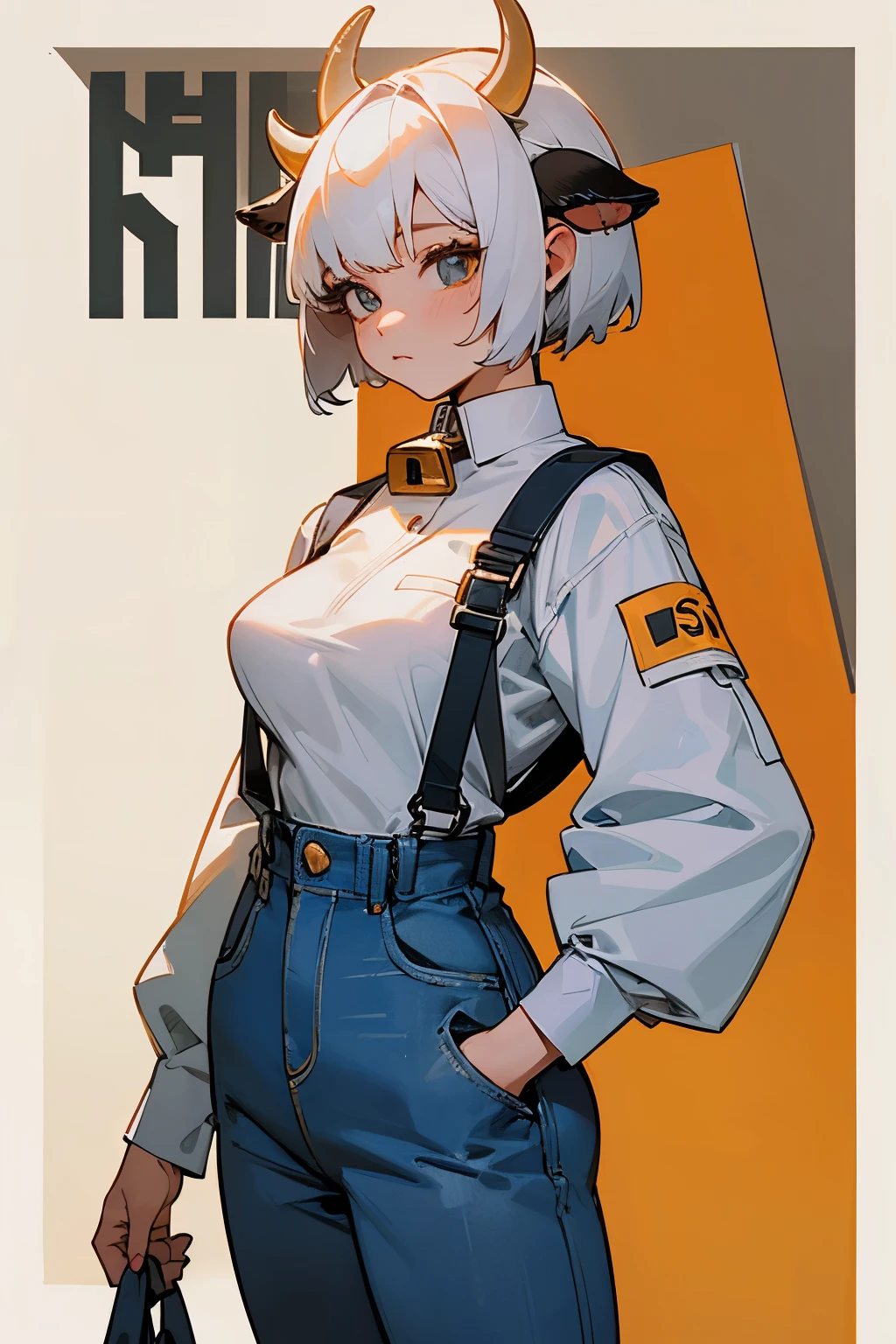 Cute girl, short white hair, cow horns, cow ears, bell, wearing wide leg jeans, jumpsuit, business suit, coveralls🐄🔞