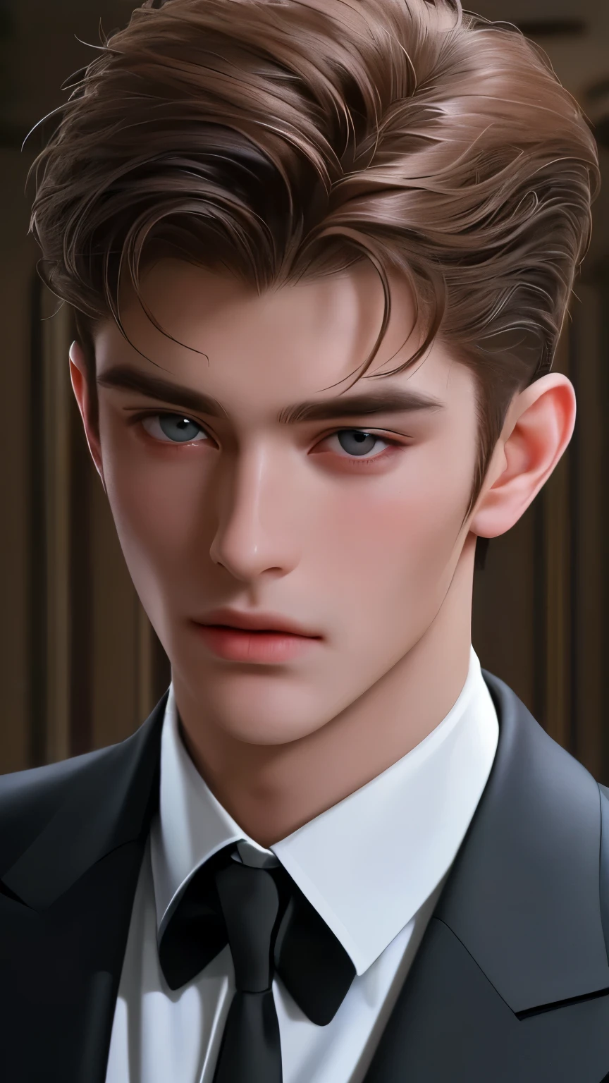 (Masterpiece, detailed face, close up, ultra-detailed, HD, 4K) An england handsome 21 year old man, dressed in a sharp suit, staring coldly into the camera. The close-up shot captures every detail of his handsome. The photorealistic rendering brings this image to life, making it hard to believe it's not a photograph.